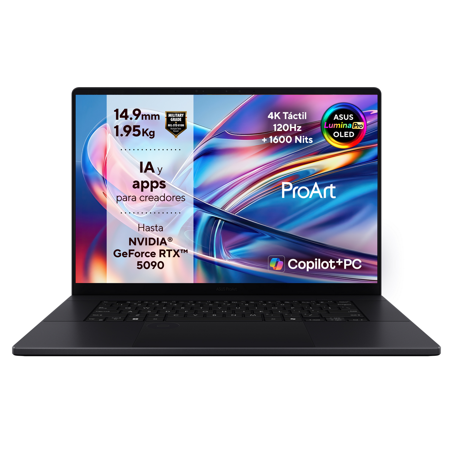 Un portátil negro con pantalla mostrando información, incluyendo 'ProArt', 'NVIDIA GeForce RTX 5090' y 'ASUS Lumina Pro OLED'.