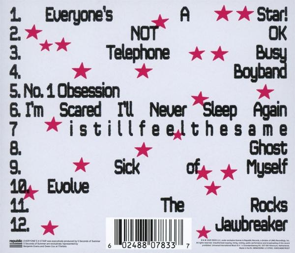 Albumcover mit Songtiteln und rosa Sternen. Zu den Titeln gehören 'Everyone's A Star', 'No. 1 Obsession' und 'Jawbreaker'.