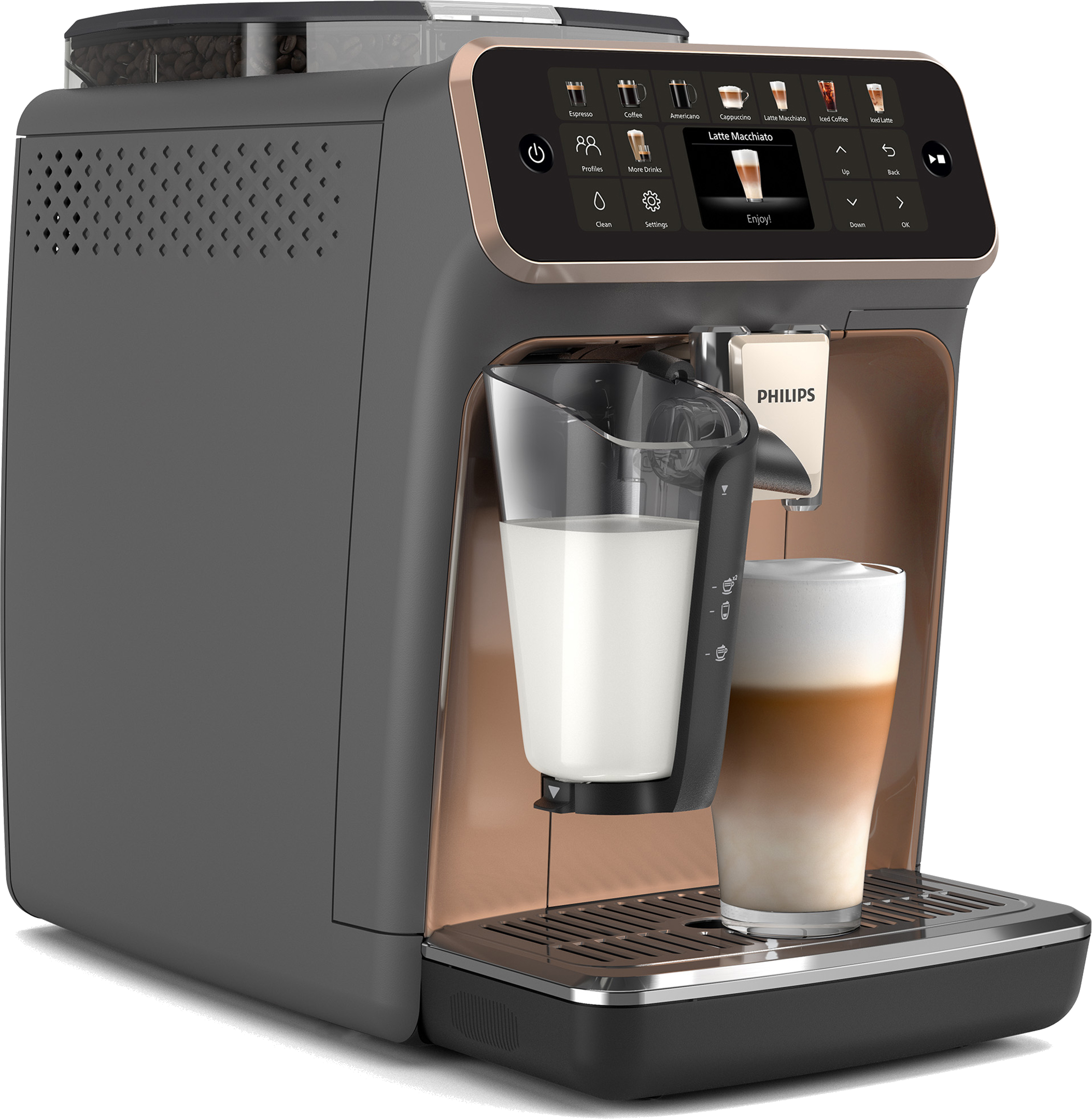 Eine Philips-Kaffeemaschine mit Bildschirm, die Latte Macchiato zubereitet. Enthält eine Tasse Milch und ein Glas Latte.