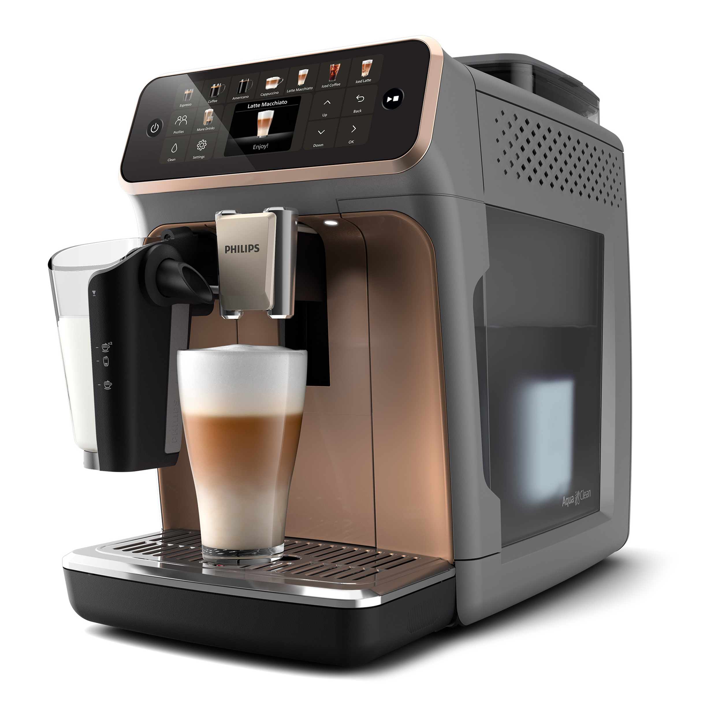 Eine Philips-Kaffeemaschine, die einen Latte Macchiato zubereitet. Links ist ein Milchbehälter. Der Bildschirm zeigt Getränkeoptionen.