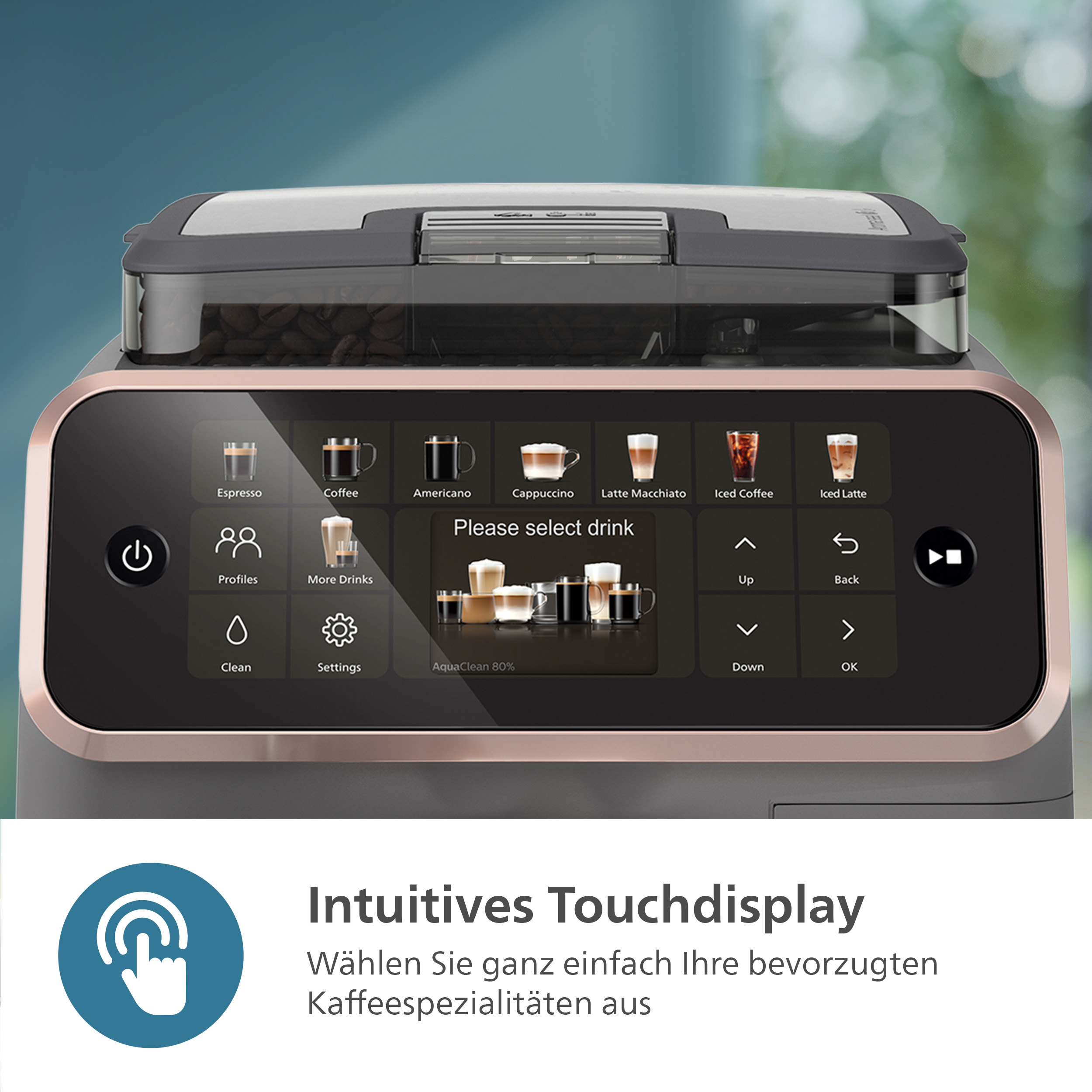 Kaffeemaschine mit Touch-Display. Zeigt Getränkeoptionen: Espresso, Kaffee, Americano, Cappuccino, Latte, Eiskaffee, Eiskaffee.