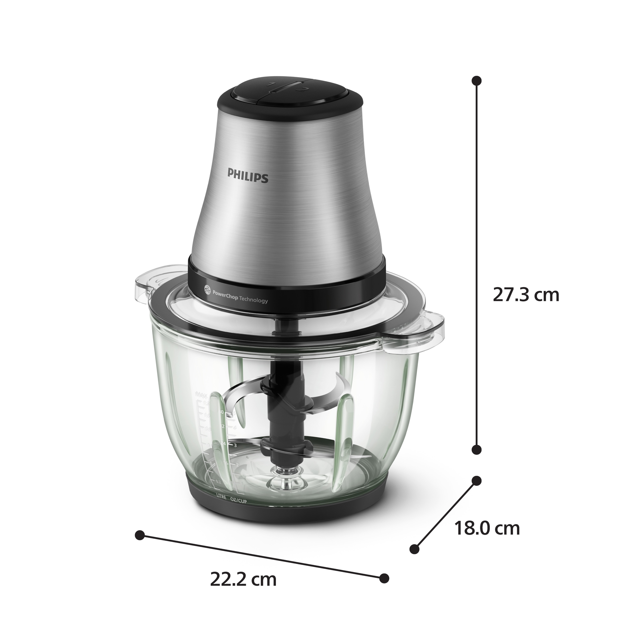 Ein Philips-Zerkleinerer. Er hat eine Glasschüssel, ein silbernes Motorgehäuse und eine schwarze Klinge. Abmessungen sind angegeben.