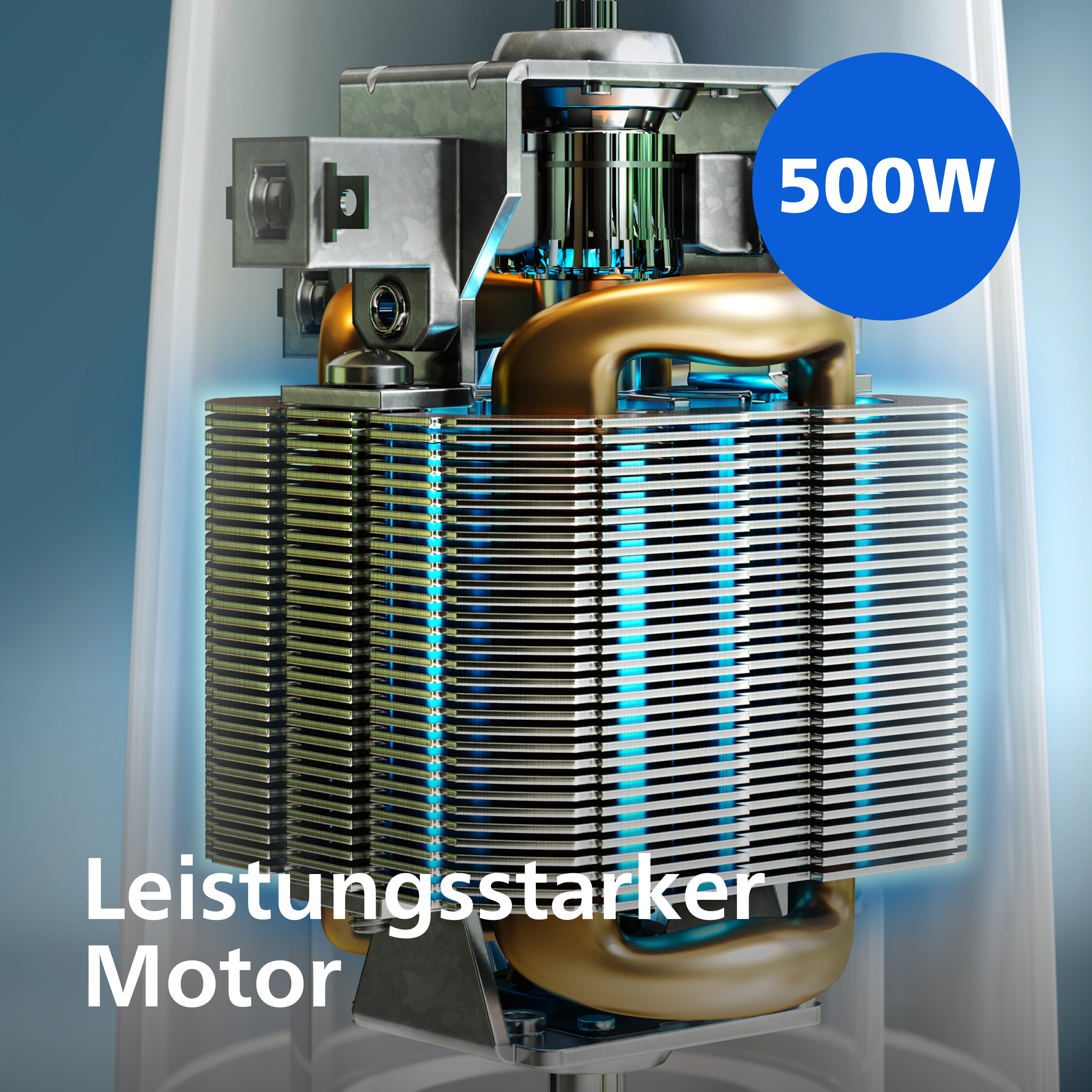 Interne Motorkomponenten mit blauem Akzent, 500W-Leistungsanzeige und Text 'Leistungsstarker Motor'.