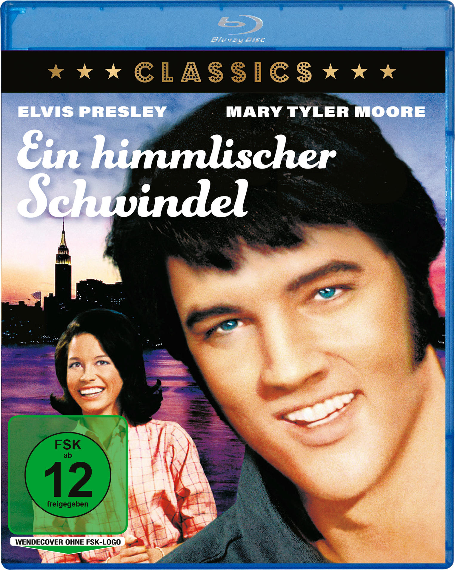 Blu-ray-Cover. Elvis Presley und Mary Tyler Moore sind abgebildet. Der Titel lautet 'Ein himmlischer Schwindel'. Bewertung ist FSK 12.
