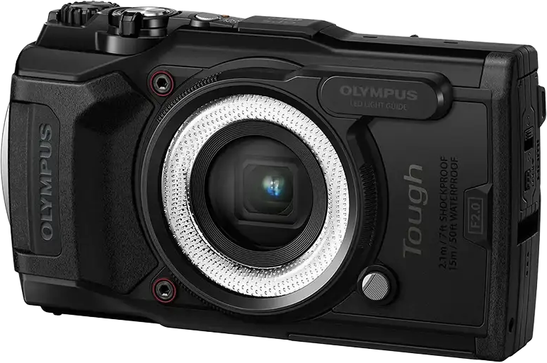 Fekete Olympus Tough kamera. Jellemzői: LED-es fényvezető, ütésálló, vízálló és F2.0-s objektív.