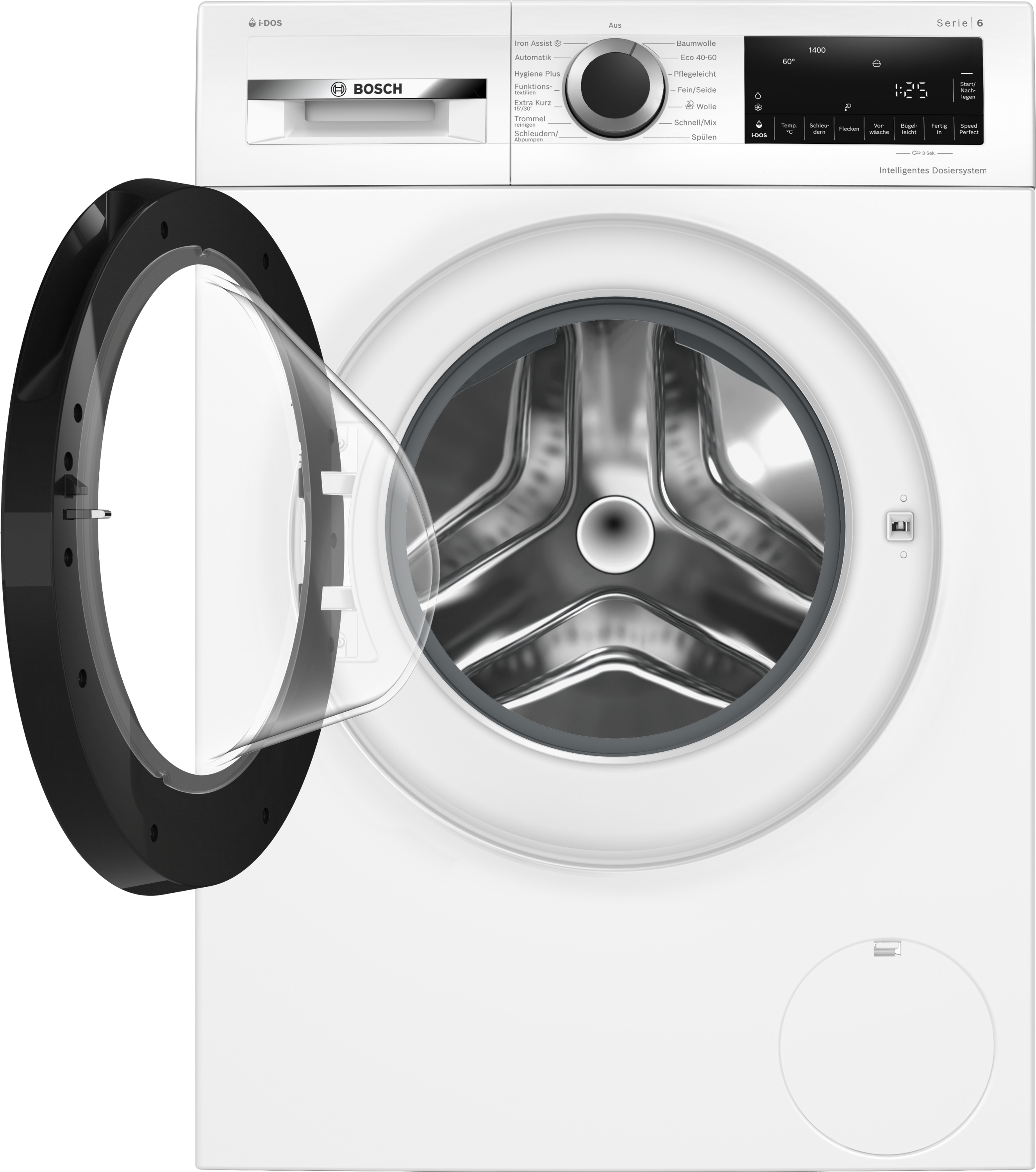 Eine weiße Bosch Waschmaschine mit geöffneter Tür. Das Bedienfeld ist mit verschiedenen Einstellungen und einer Digitalanzeige sichtbar.