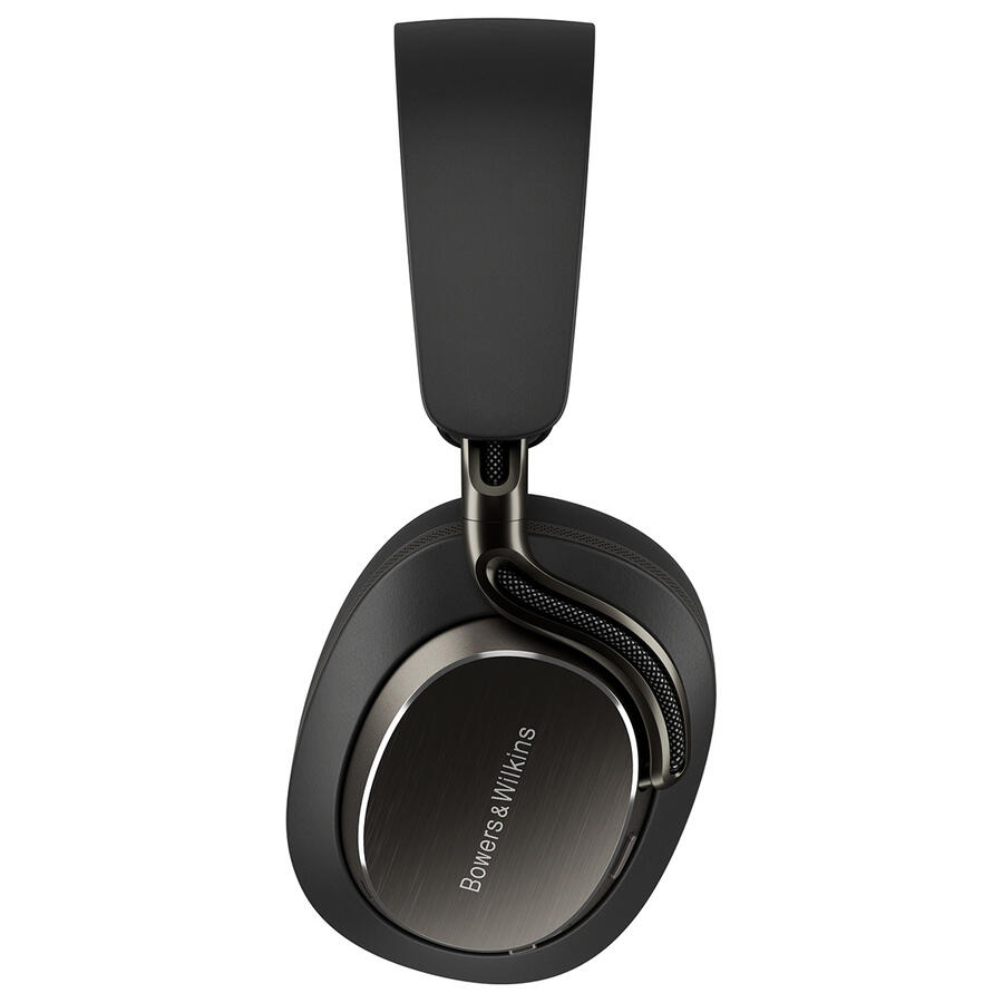 Fekete Bowers & Wilkins fejhallgató. A fejpánt és a fülkagylók feketék. A fülkagylókon fém felület van a márkanévvel.
