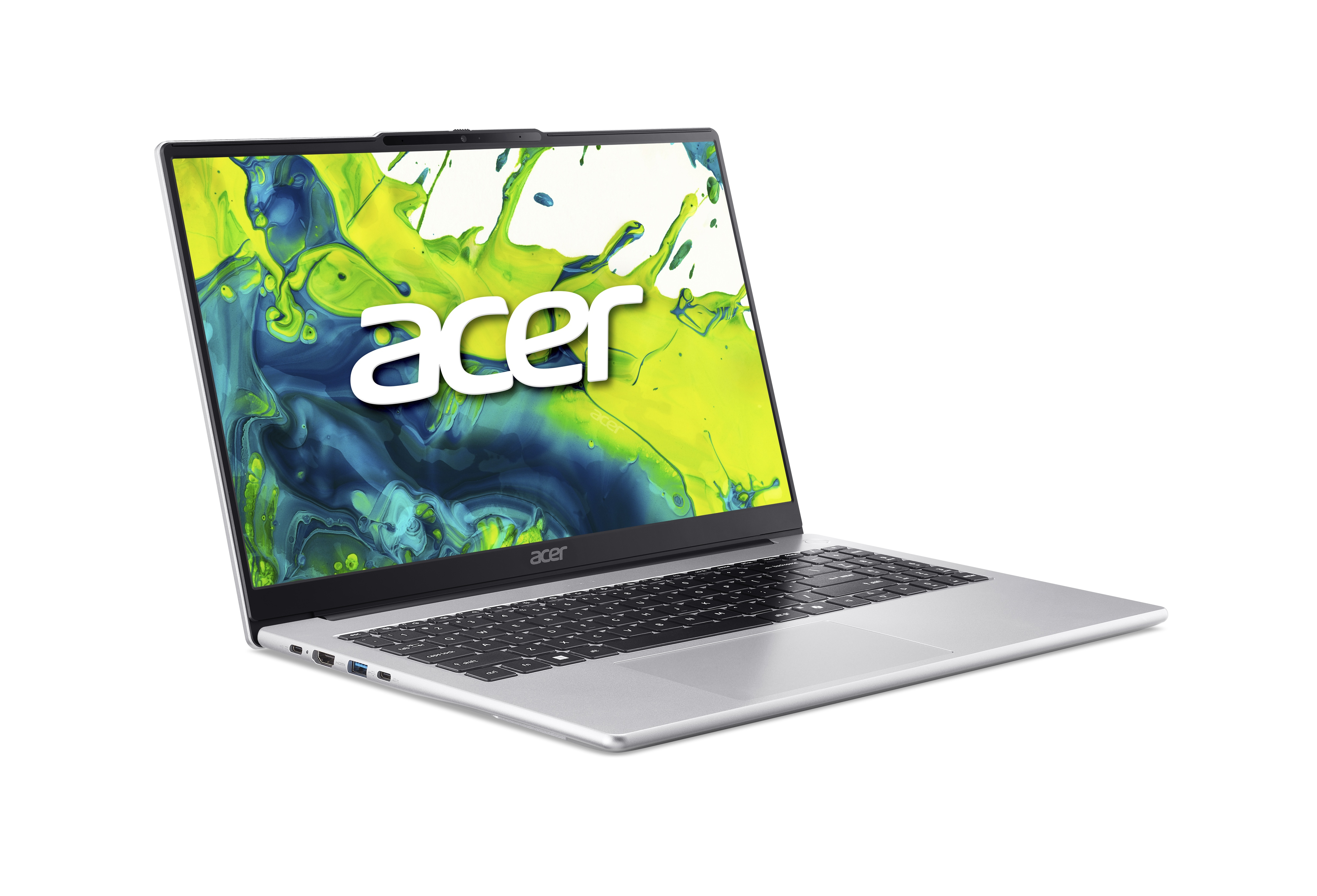 Silver Acer laptop open on white surface. Screen displays colorful abstract art, Acer logo is visible.