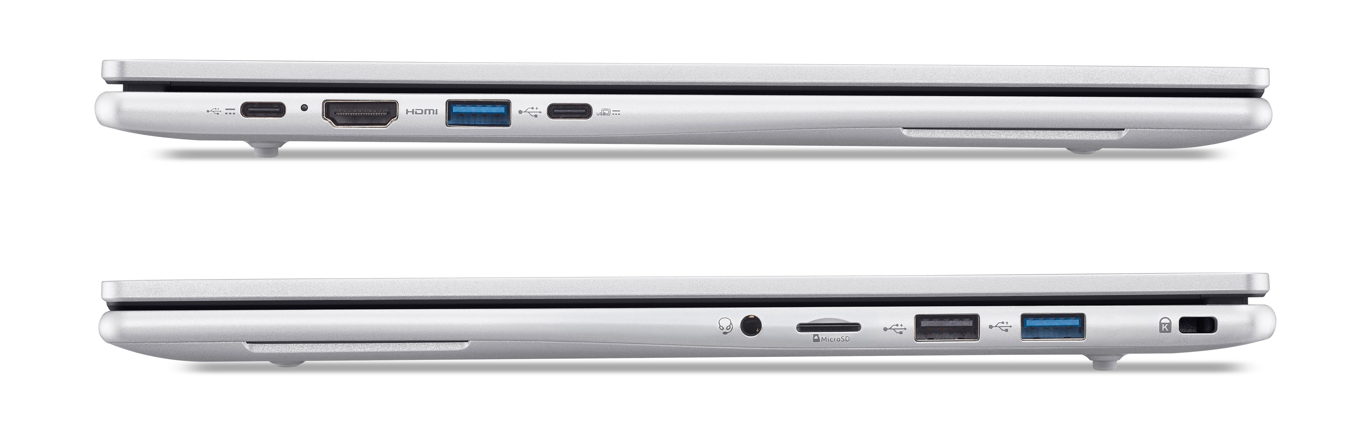 Side view of a silver laptop. Visible ports include USB, HDMI, and others. The laptop is on a white background.