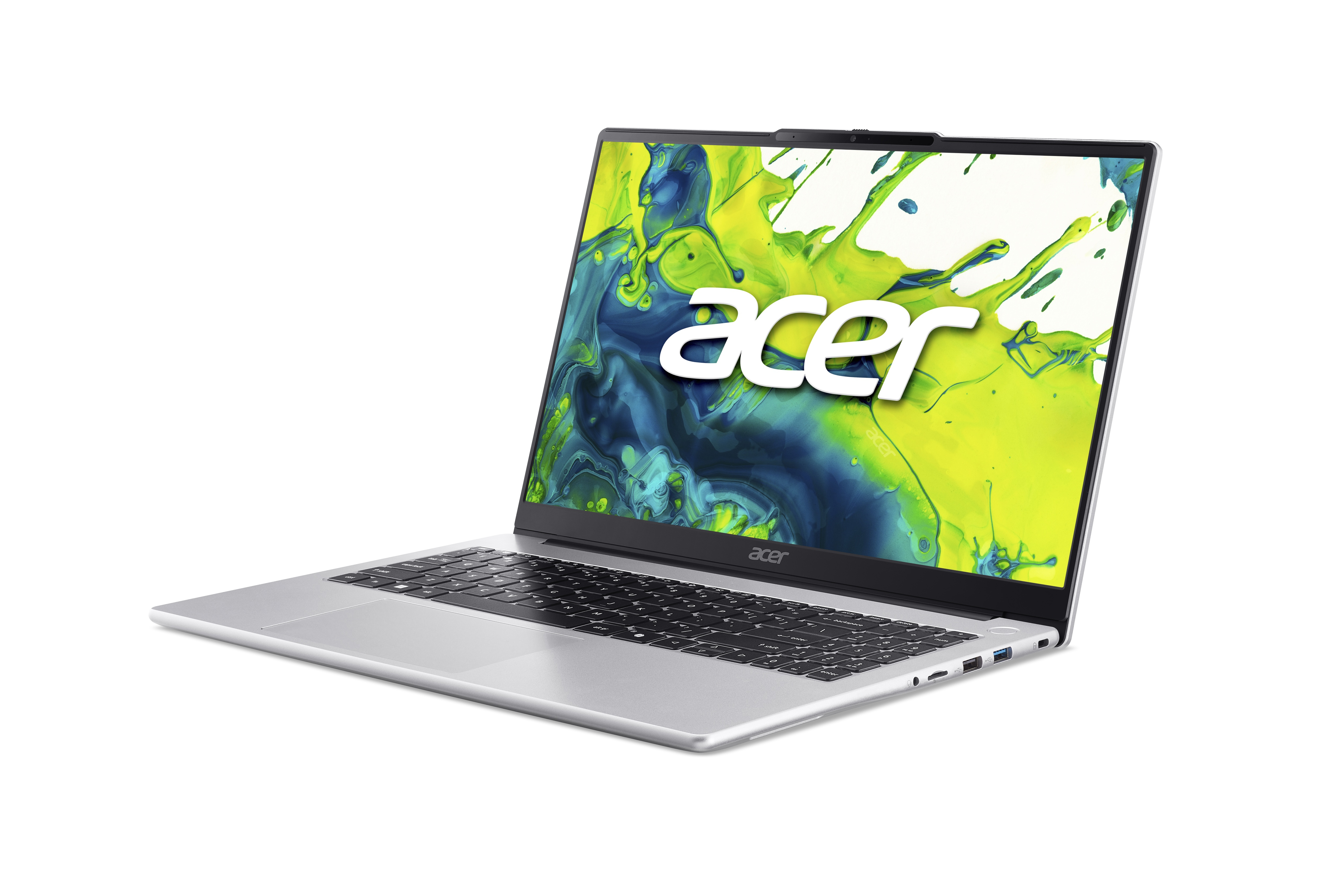 Silver Acer laptop on white background. Screen shows colorful abstract art, Acer logo is visible.
