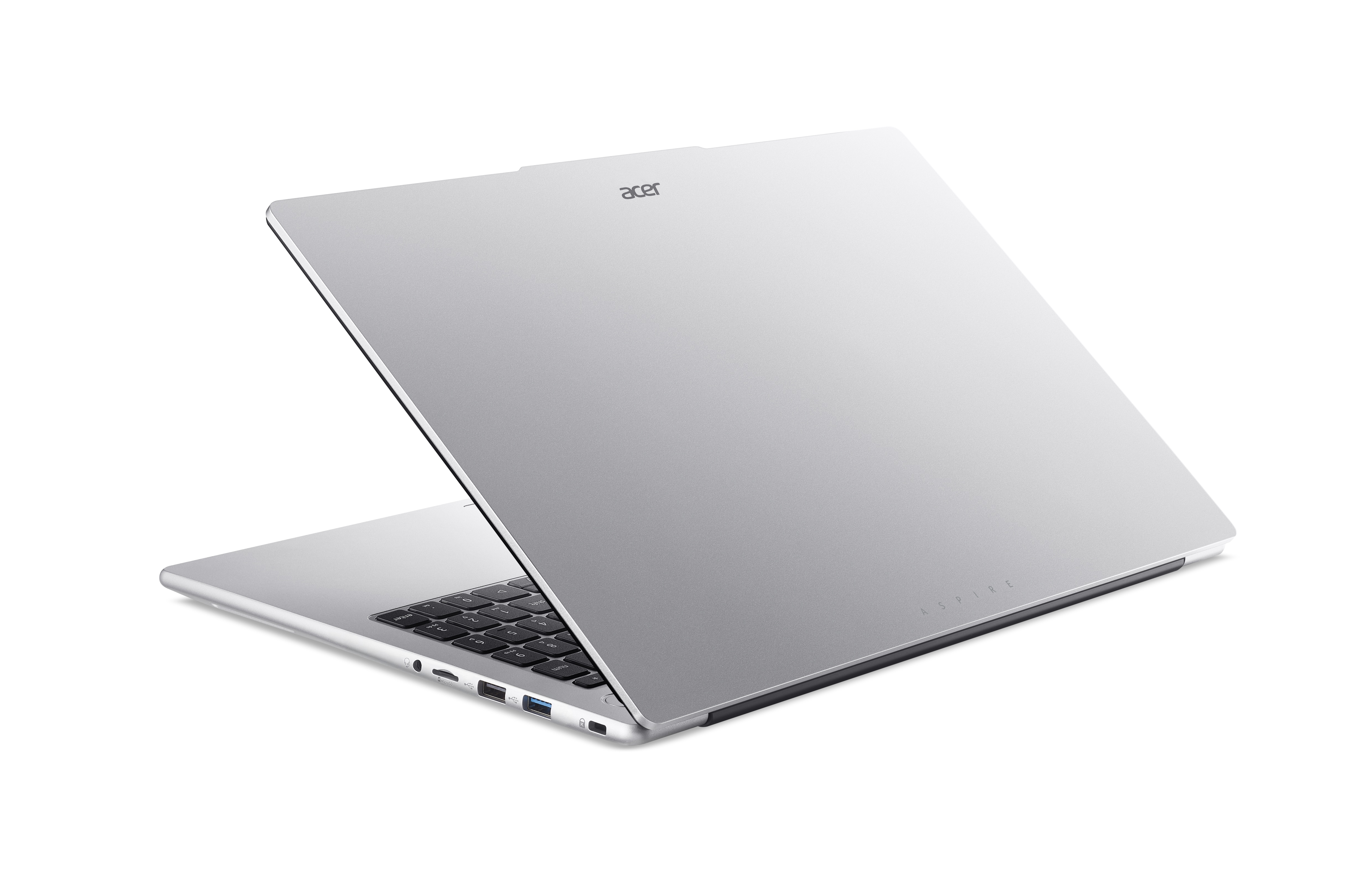 Silver laptop with the screen open. Keyboard visible. Acer logo on the top and Aspire on the bottom right.