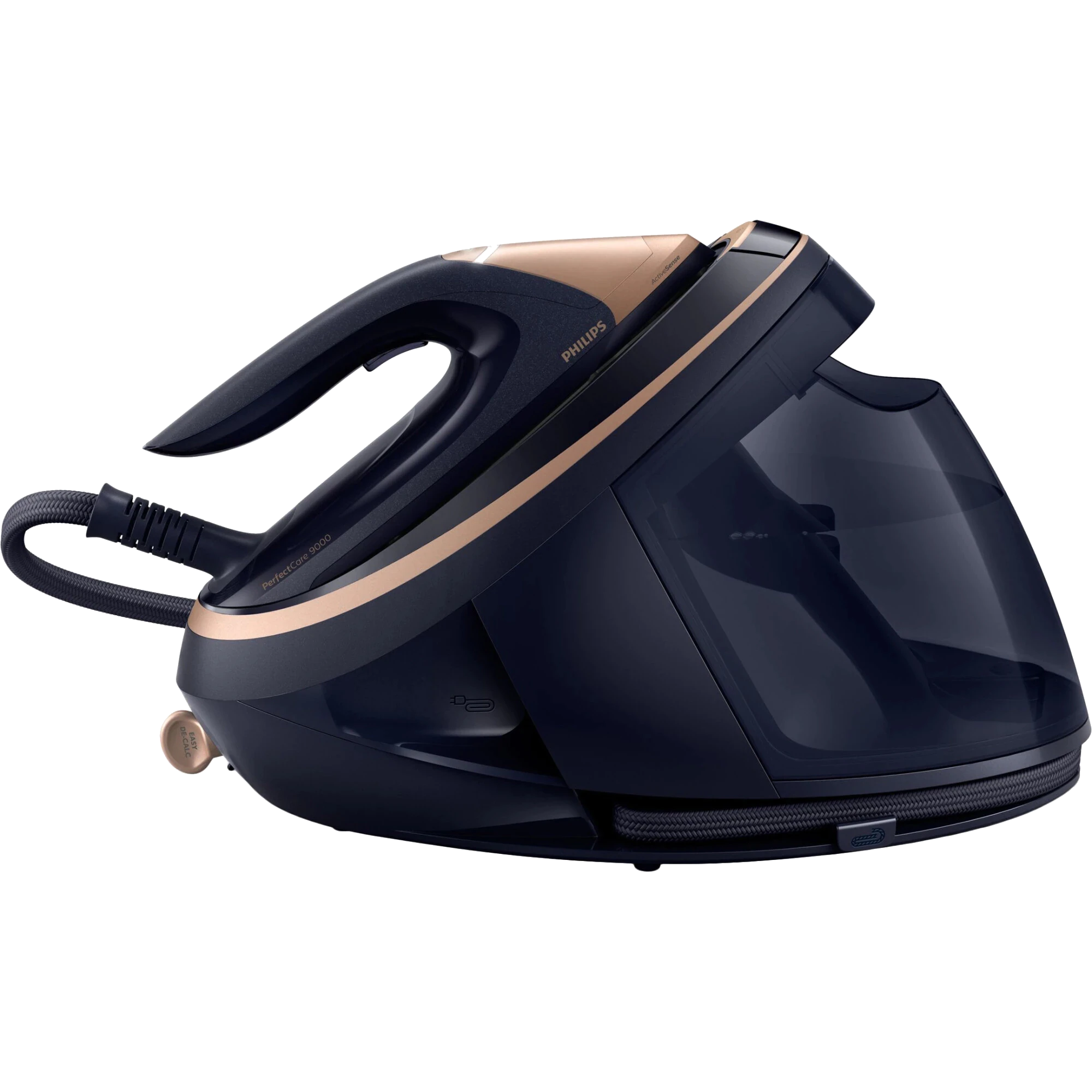 Ciemnoniebieskie żelazko Philips ze złotymi akcentami. Ma uchwyt, zbiornik na wodę i elastyczny przewód. Marka jest widoczna.