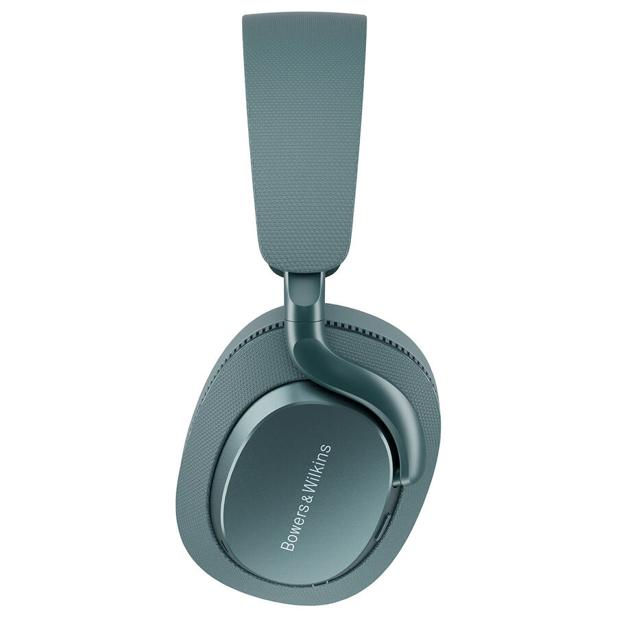 Türkiz Bowers & Wilkins fejhallgató. A fülkagylók és a fejpánt türkiz, a márkanévvel a fülkagylón.