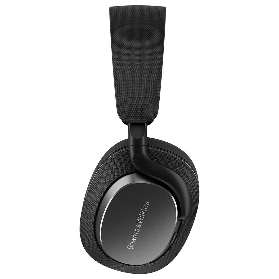 Fekete Bowers & Wilkins fejhallgató. A fülkagylók oválisak, a fejpánt vastag és texturált. A márkanév látható.