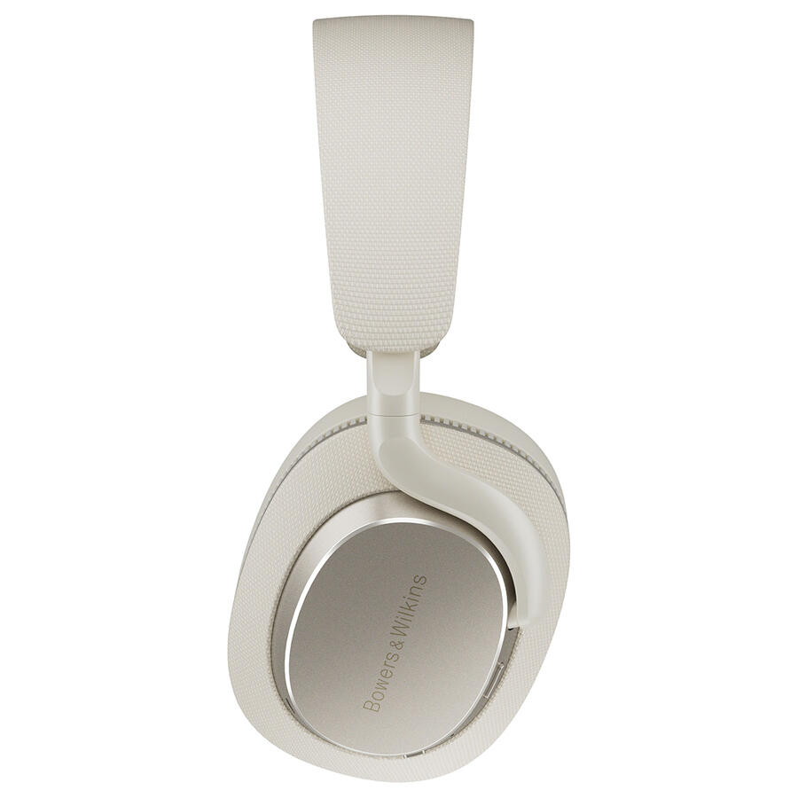 Krém színű fejhallgató párnázott fejpánttal és fülkagylókkal. Ezüst fém fülhallgató a 'Bowers & Wilkins' márkával.