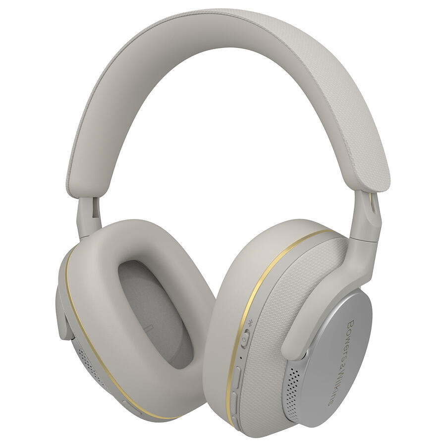 Bézs fülre simuló fejhallgató arany díszítéssel. Bowers & Wilkins logó látható. Modern design, puha fülpárnák és fejpánt.