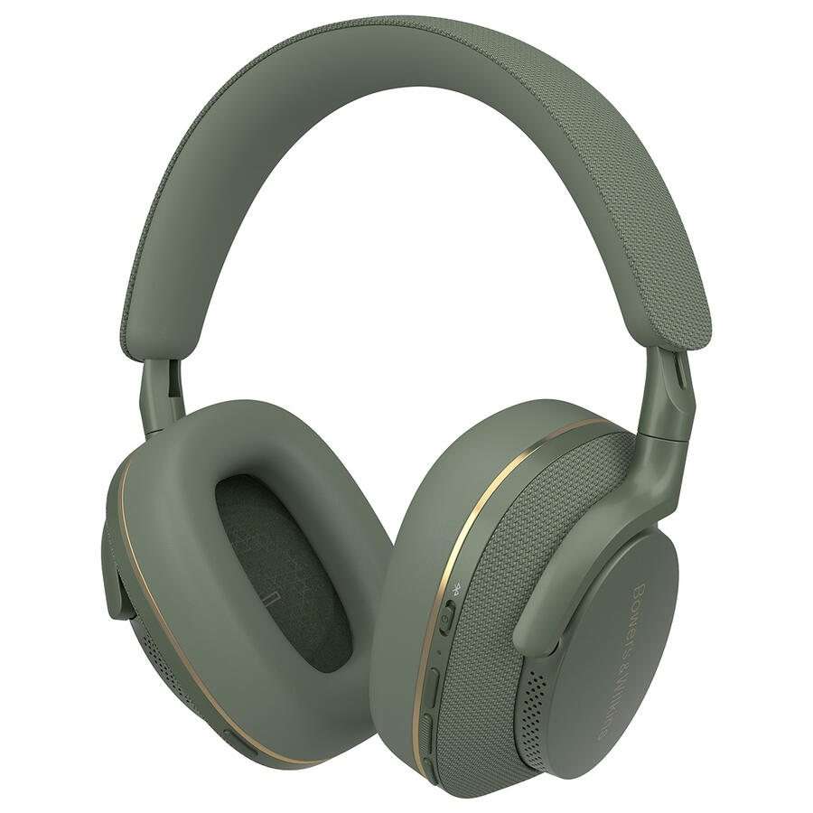 Olívazöld fejhallgató arany díszítéssel, Bowers & Wilkins márka, fehér háttérrel. Látható fülkagylók, fejpánt és vezérlők.