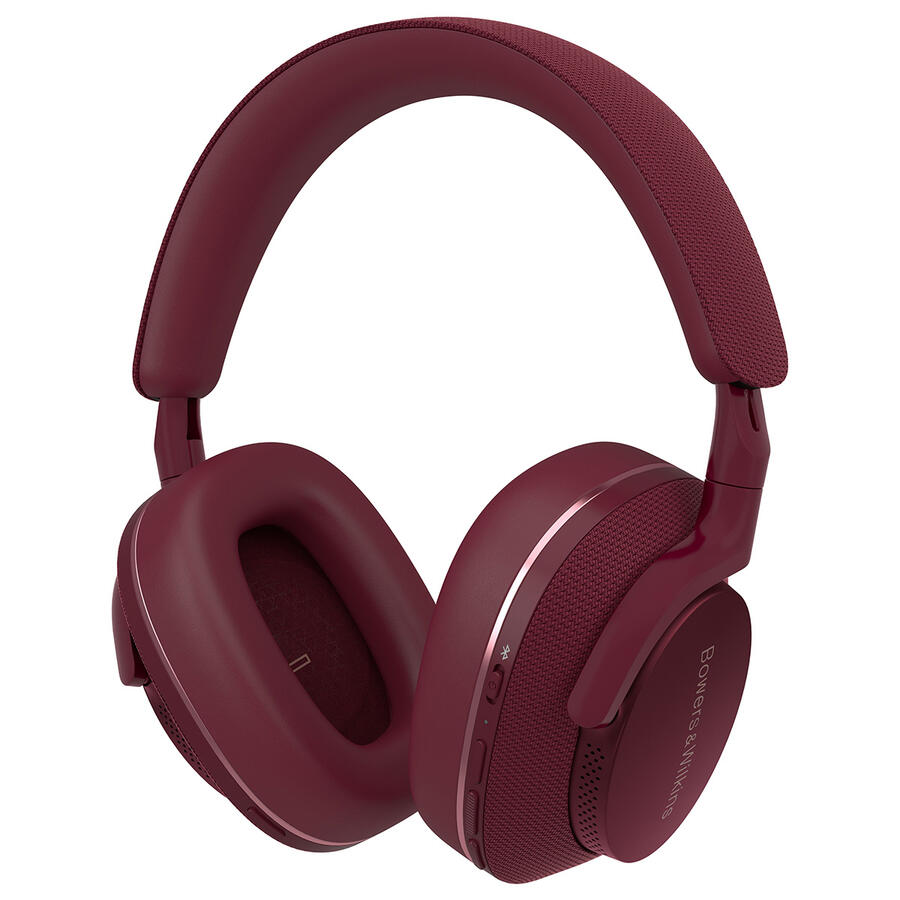 Bordó fejhallgató fehér háttérrel. Látható a Bowers & Wilkins márka. A fejhallgatón párnázott fejpánt és fülkagylók vannak.