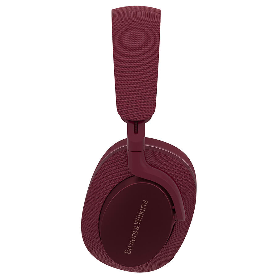 Bordó Bowers & Wilkins fejhallgató. A fülre simuló kialakítás párnázott fejpánttal és fülkagylóval rendelkezik.