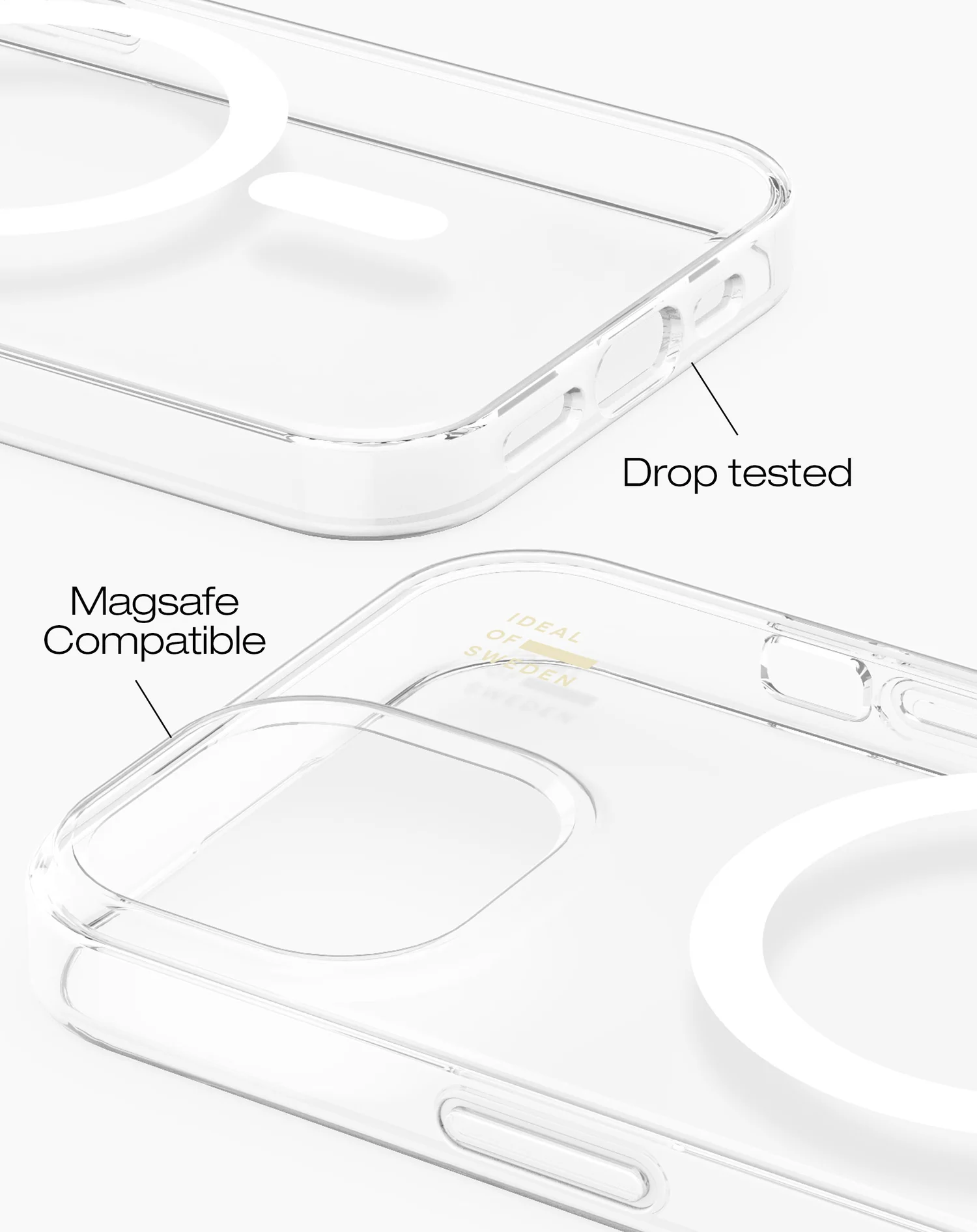 Átlátszó telefontok fehér MagSafe gyűrűvel. A szöveg a 'Drop tested' és a 'Magsafe kompatibilis' feliratot mutatja.