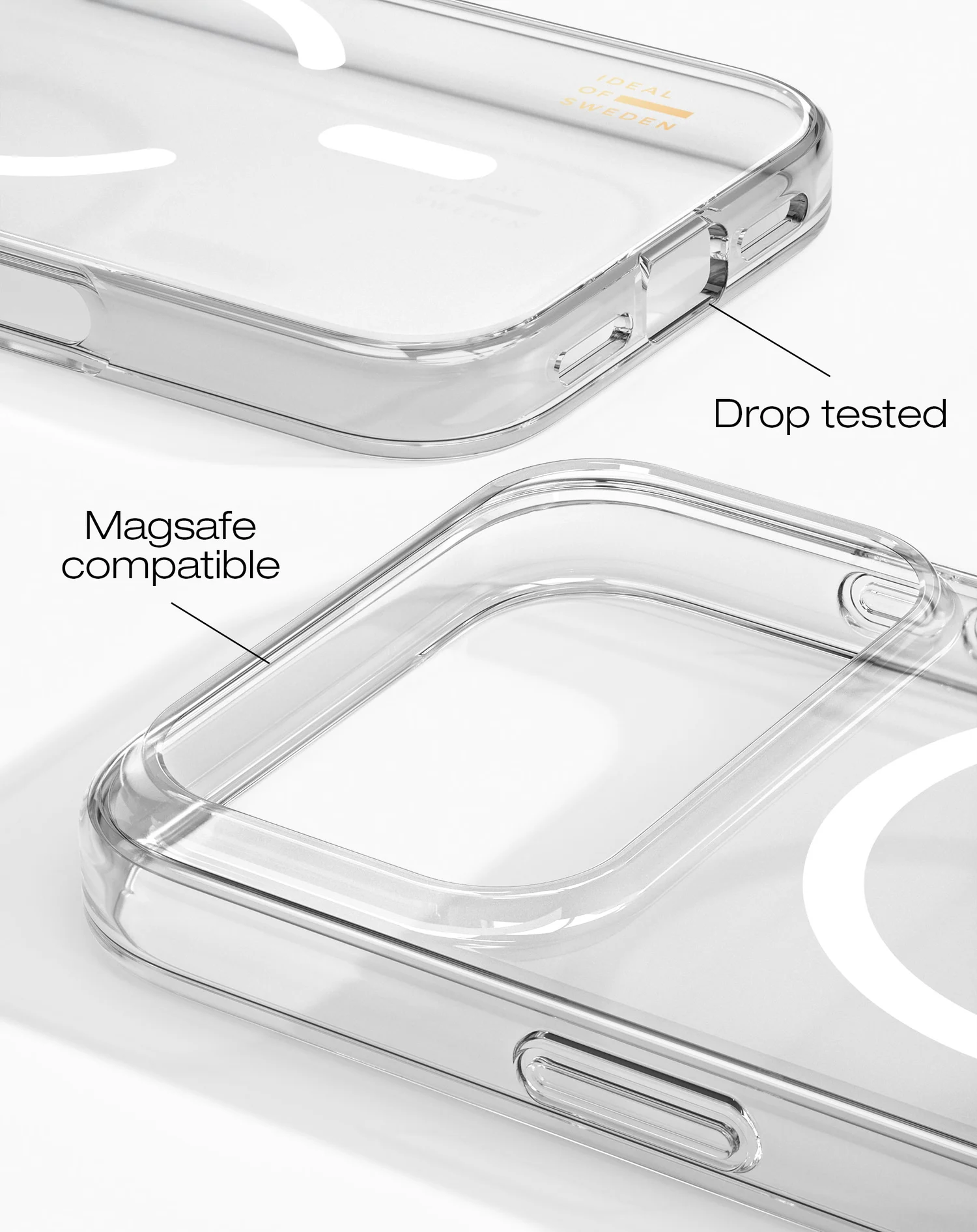 Átlátszó telefontok. Közelkép. A szöveg azt mondja, hogy 'Drop tested' és 'Magsafe compatible'. Fehér háttérrel rendelkezik.
