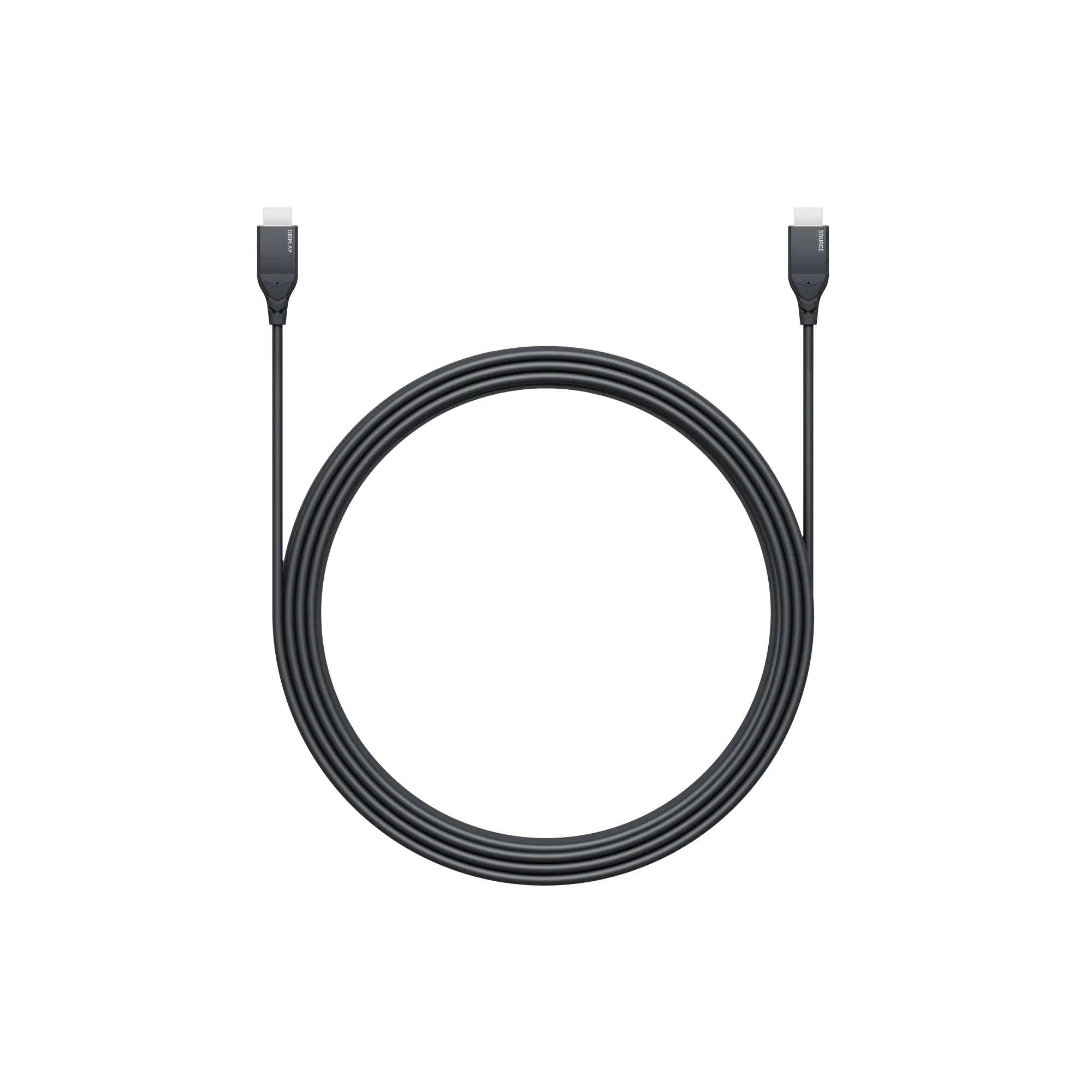 Ein schwarzes DisplayPort-Kabel mit Steckern an jedem Ende, das einen Kreis bildet. Weißer Hintergrund.