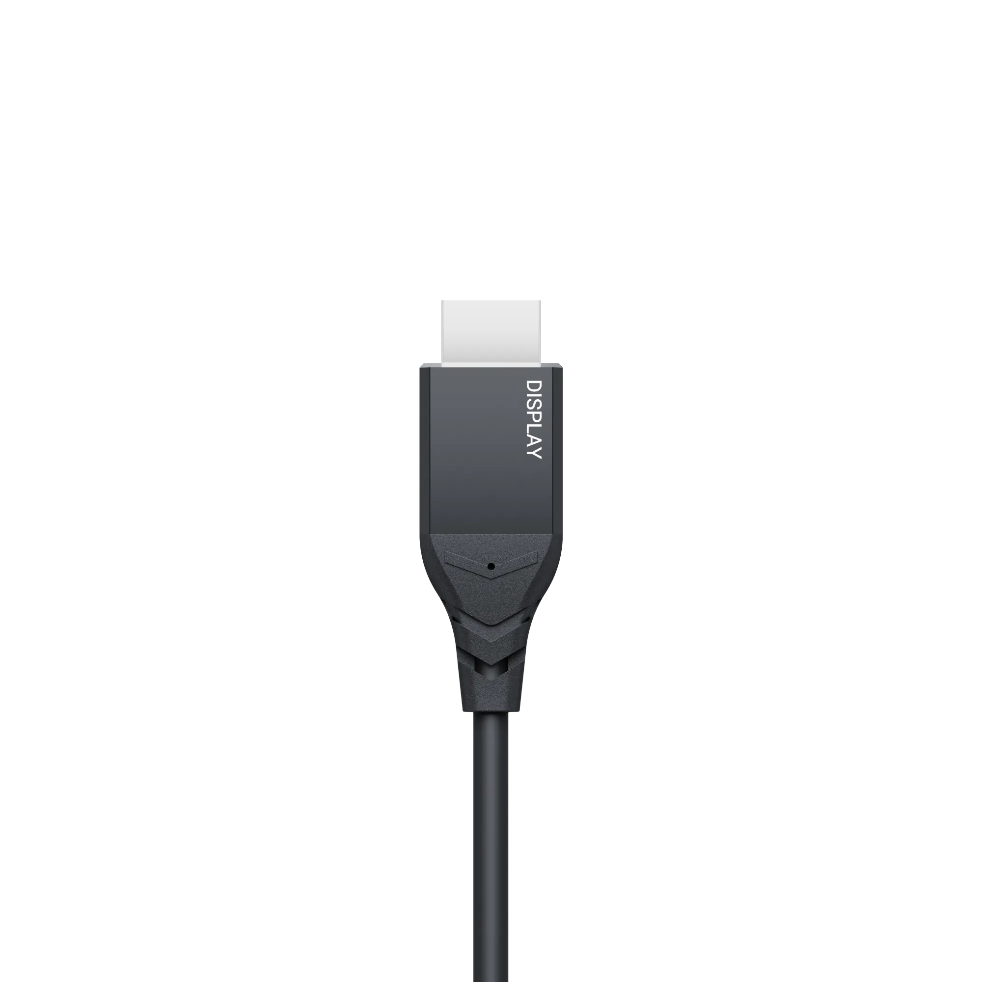 Ein schwarzes DisplayPort-Kabel auf weißem Hintergrund. Der Stecker ist mit 'DISPLAY' beschriftet.