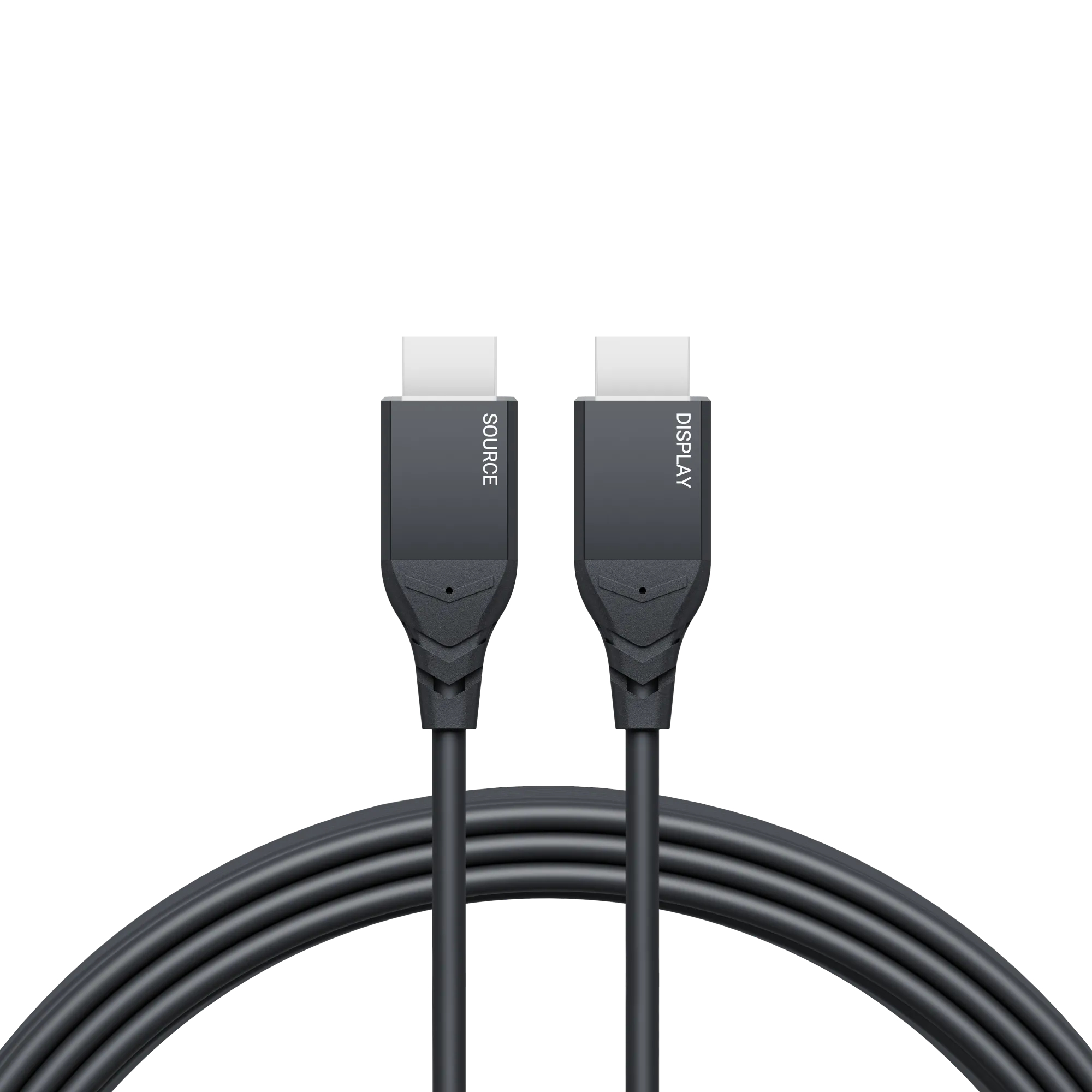 Zwei schwarze HDMI-Kabel mit weißen Steckern, beschriftet mit 'SOURCE' und 'DISPLAY', vor weißem Hintergrund.