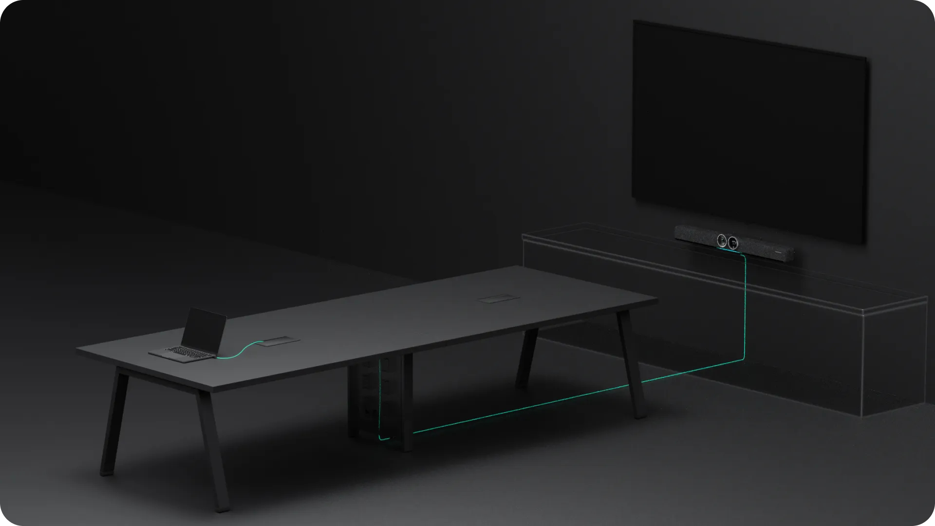 Ein schwarzes Besprechungsraum-Setup mit Tisch, Laptop und Bildschirm. Grünes Kabel verbindet Laptop mit dem Display-System.