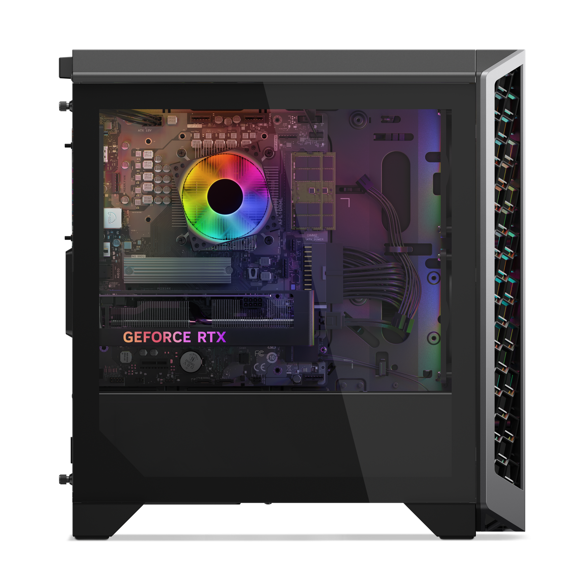 Ein PC-Gehäuse mit Glas-Seitenwand zeigt interne Komponenten wie CPU-Kühler, Grafikkarte und Mainboard.
