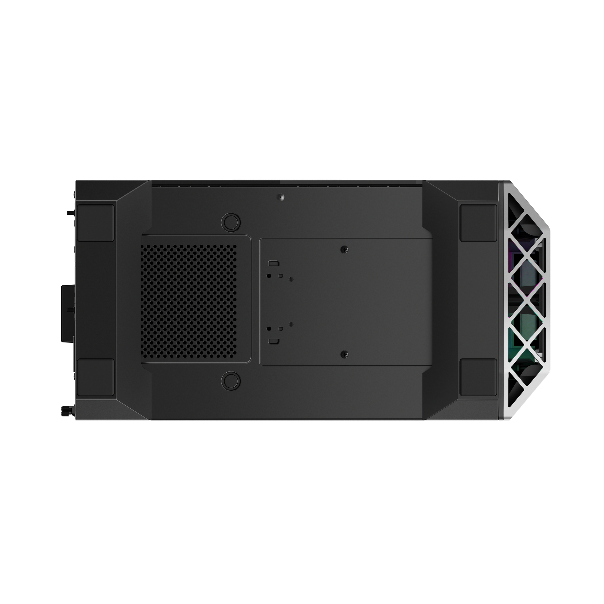 Draufsicht auf ein schwarzes Computergehäuse. Es hat Lüftungsschlitze, Anschlüsse und ein eckiges Design mit silbernen Akzenten.