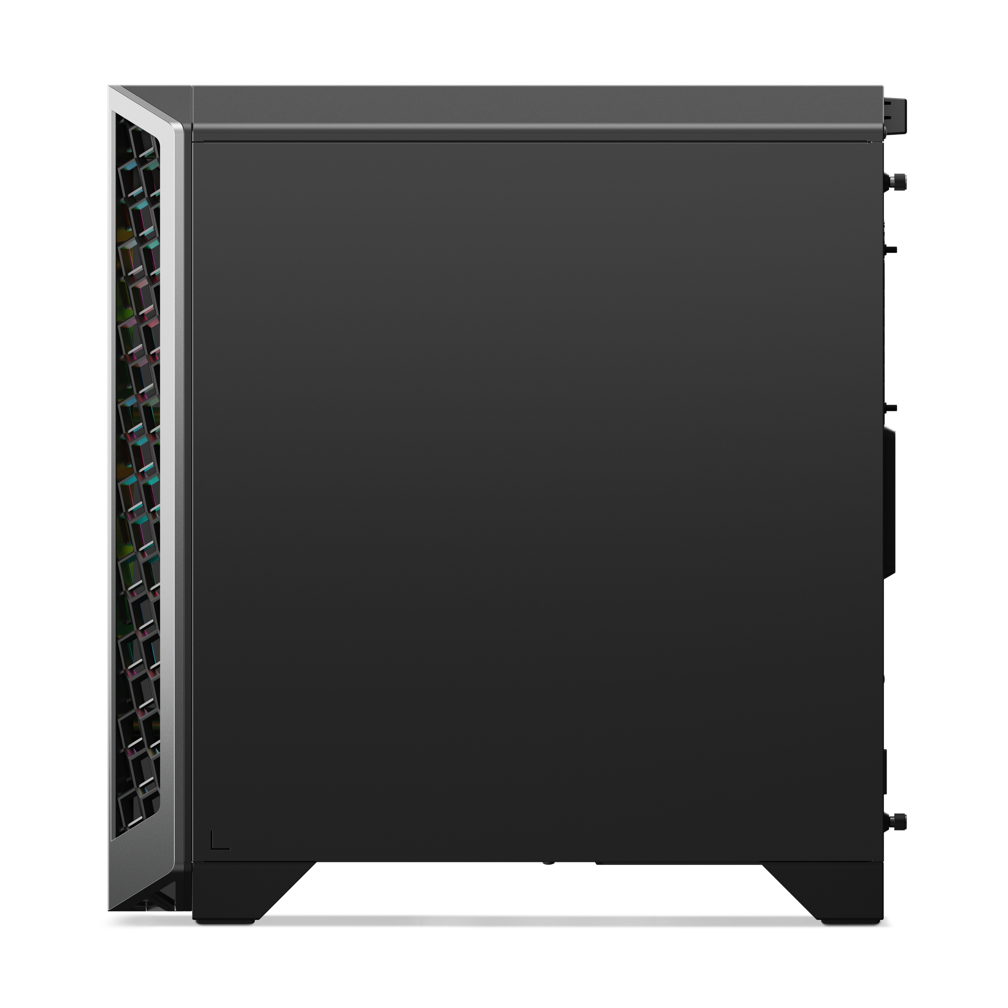 Seitenansicht eines schwarzen Computergehäuses. Es hat eine Mesh-Front, eine silberne Zierleiste und sichtbare interne Komponenten.
