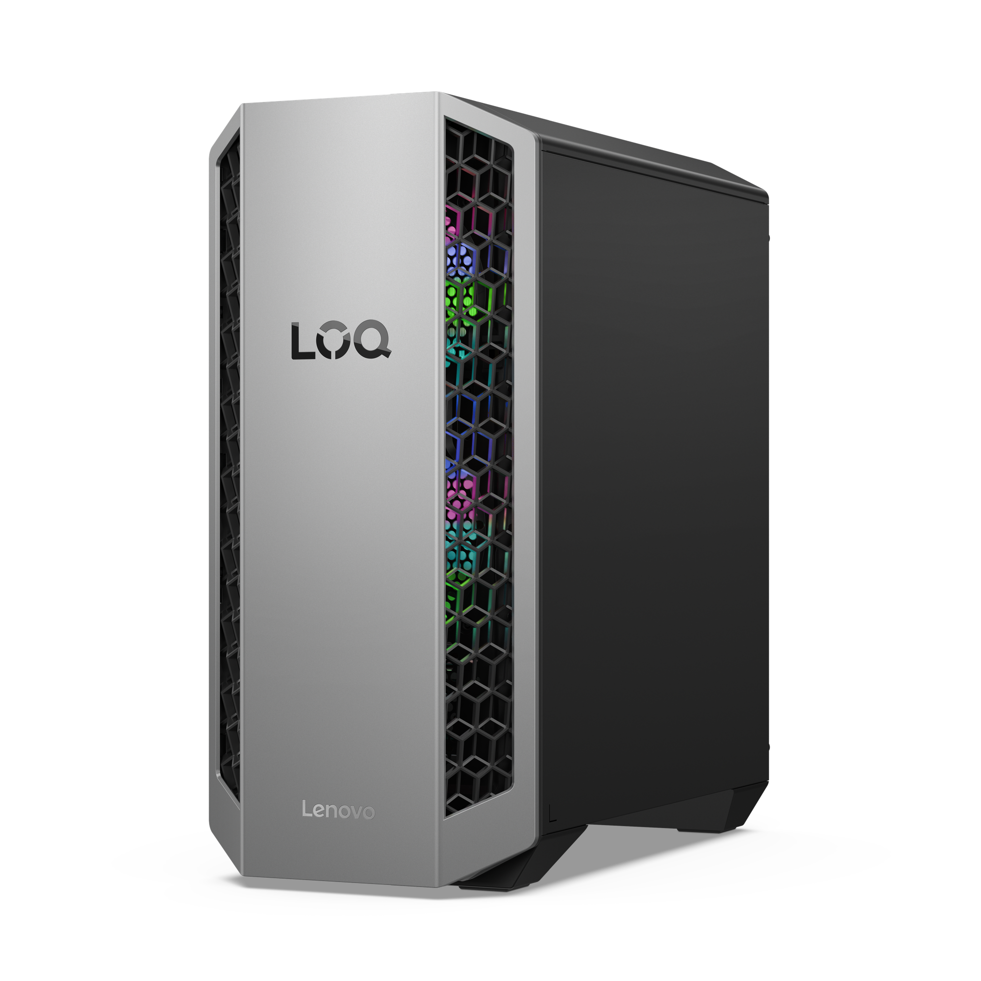 Ein Lenovo-Gaming-PC. Silberne Front mit LOQ-Logo. Schwarze Seite. RGB-Lichter durch die Frontplatte sichtbar.