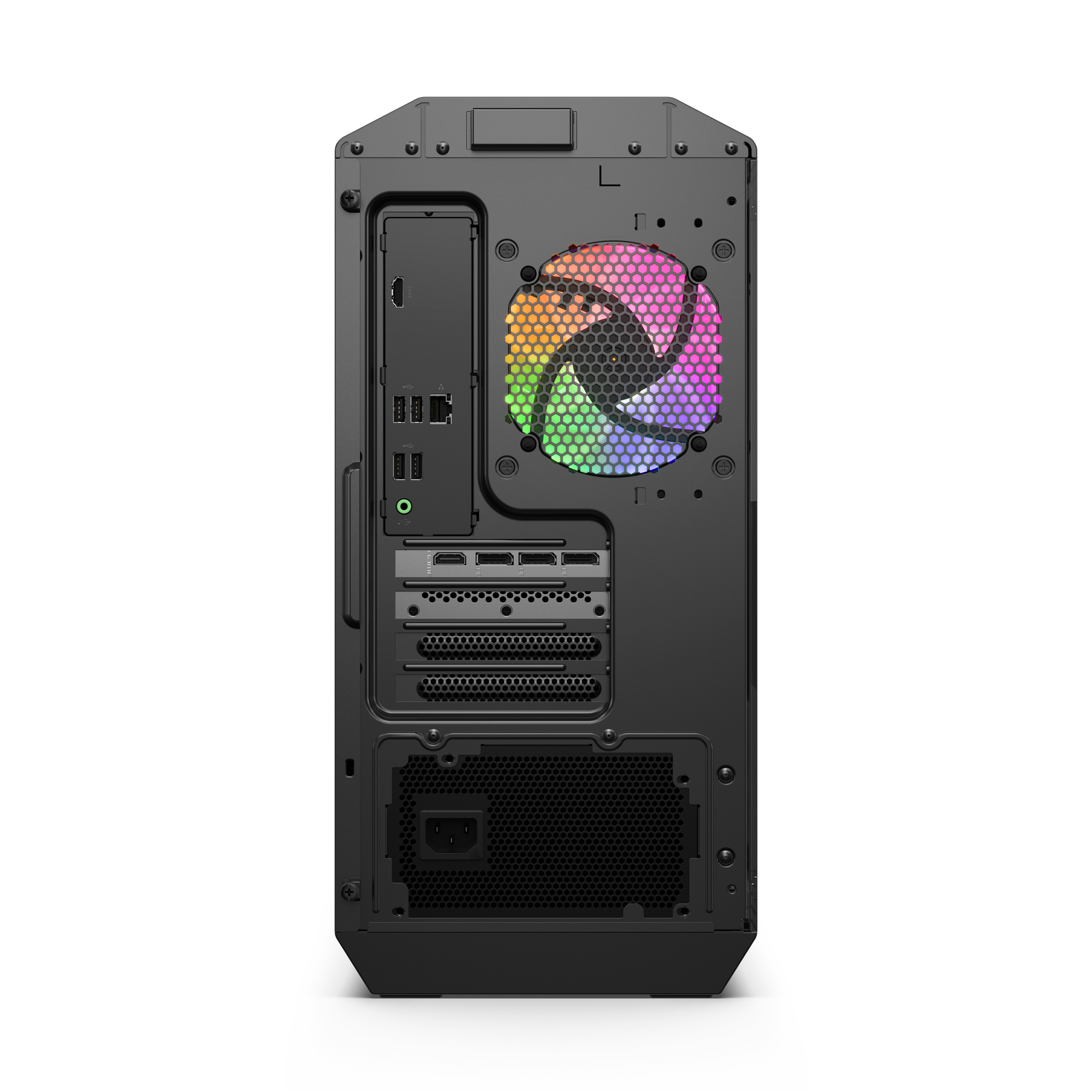Schwarze Computergehäuse-Rückseite mit Lüfter, Anschlüssen und Netzteil. Lüfter hat bunte Lichter. Anschlüsse für verschiedene Verbindungen sind sichtbar.