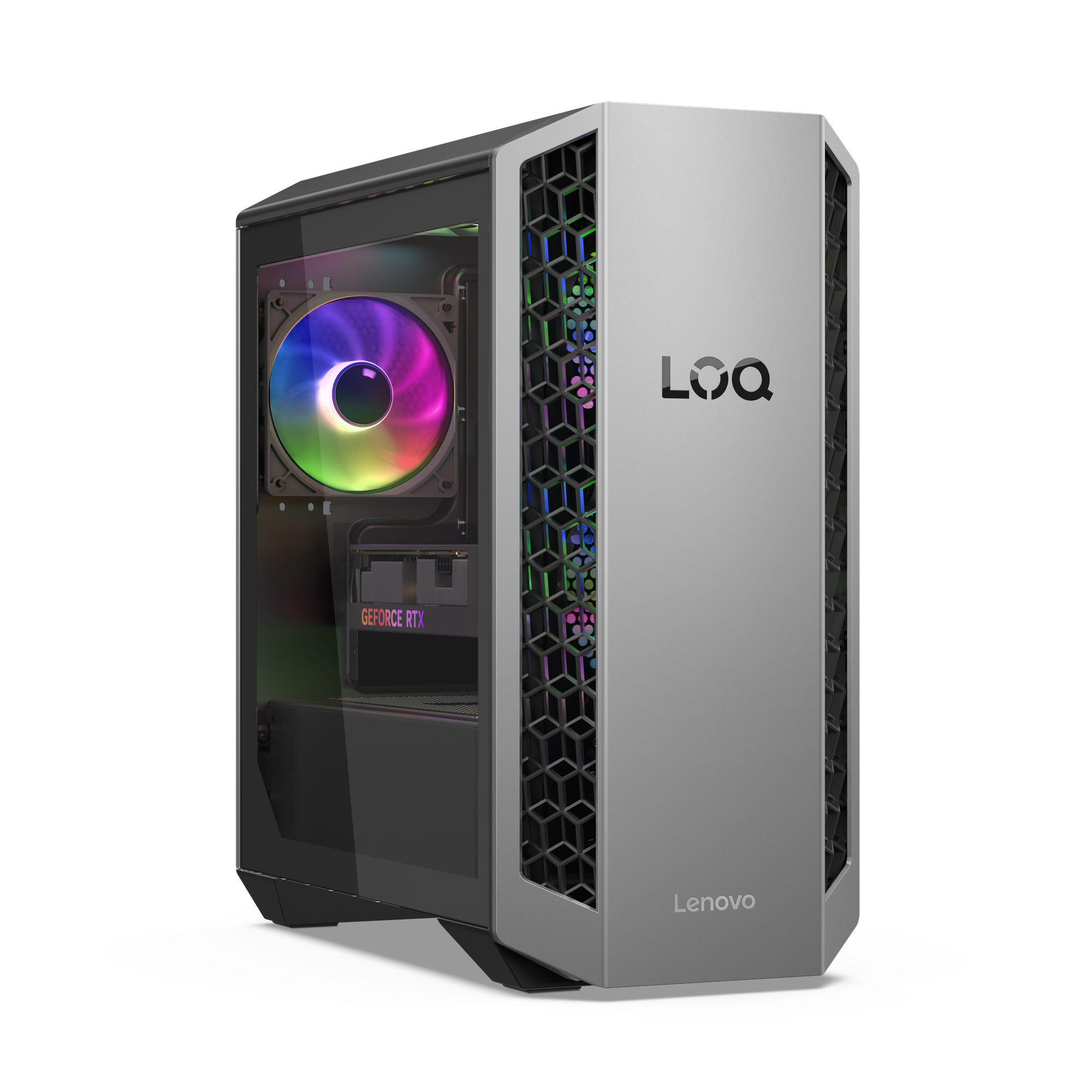 Ein silbernes PC-Gehäuse mit Glasseitenwand. Es hat einen bunten Lüfter und das Lenovo-Logo.