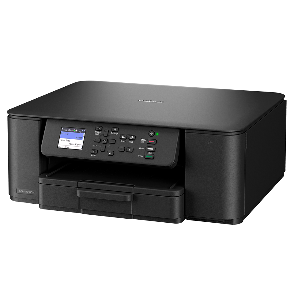 Ein schwarzer Brother DCP-J13100W Drucker. Er hat ein Bedienfeld mit Bildschirm und Tasten für Wi-Fi, Scannen, Schwarz, Farbe und Start.