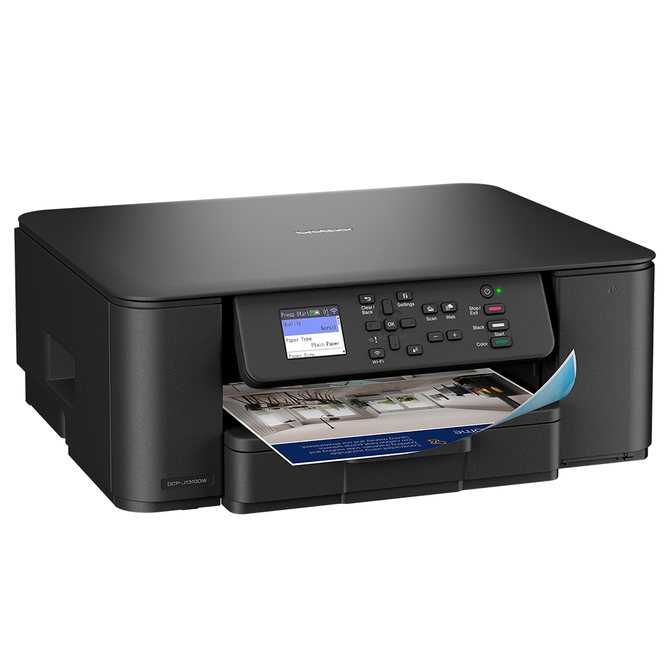 Ein schwarzer Brother DCP-J3100W Drucker druckt ein Dokument. Der Drucker hat ein Bedienfeld und steht auf einer hellgrauen Oberfläche.