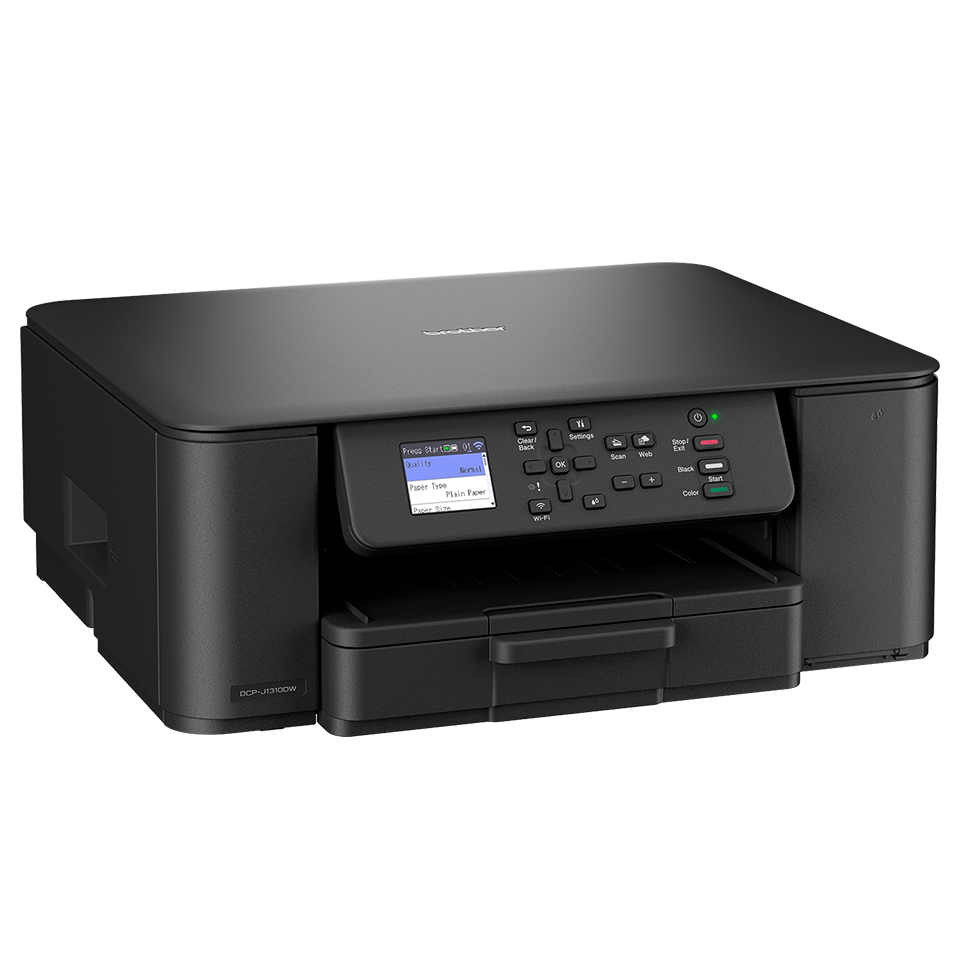 Ein schwarzer Brother DCP-J3100W Drucker. Er hat ein Bedienfeld mit Bildschirm und Tasten. Das Papierfach ist unten sichtbar.