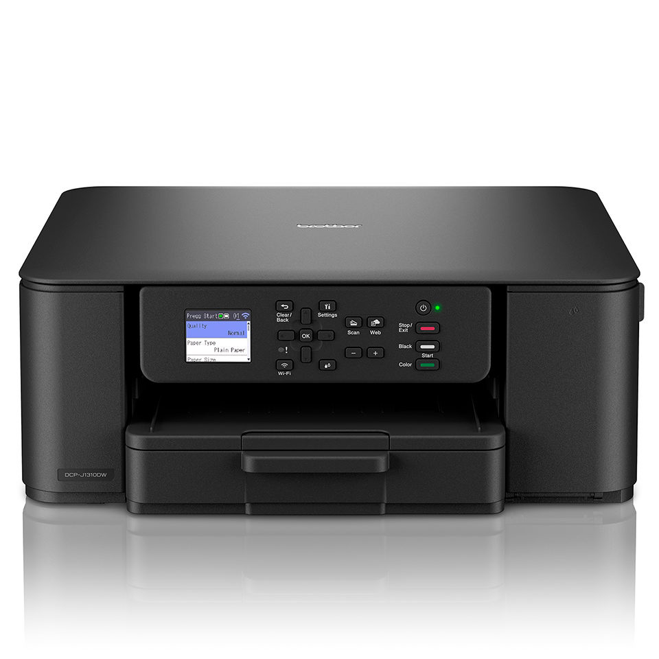 Ein schwarzer Brother DCP-J310DW-Drucker steht auf einer weißen Oberfläche. Er hat ein Display und mehrere Knöpfe. Der Einschalter leuchtet.