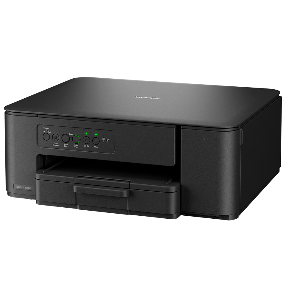 Ein schwarzer Brother DCP-J1200W Drucker. Er hat ein Papierfach, ein Bedienfeld mit Tasten und Lichtern und das Brother-Logo.