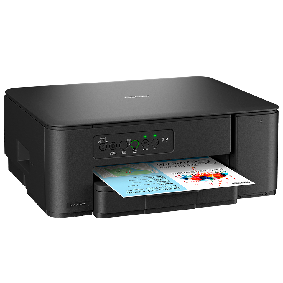 Ein schwarzer Brother DCP-J1260W-Drucker druckt einen Flyer für ein Konzert. Der Flyer ist hellblau und hat Text und Bilder.