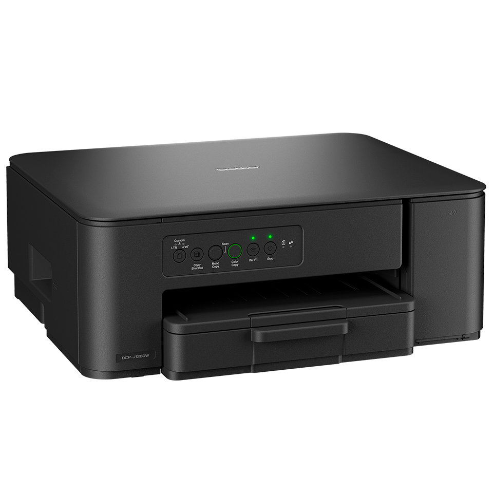 Ein schwarzer Brother DCP-J1200W Drucker. Er hat ein Papierfach, Steuertasten und grüne Lichter. Der Drucker steht auf weißem Hintergrund.