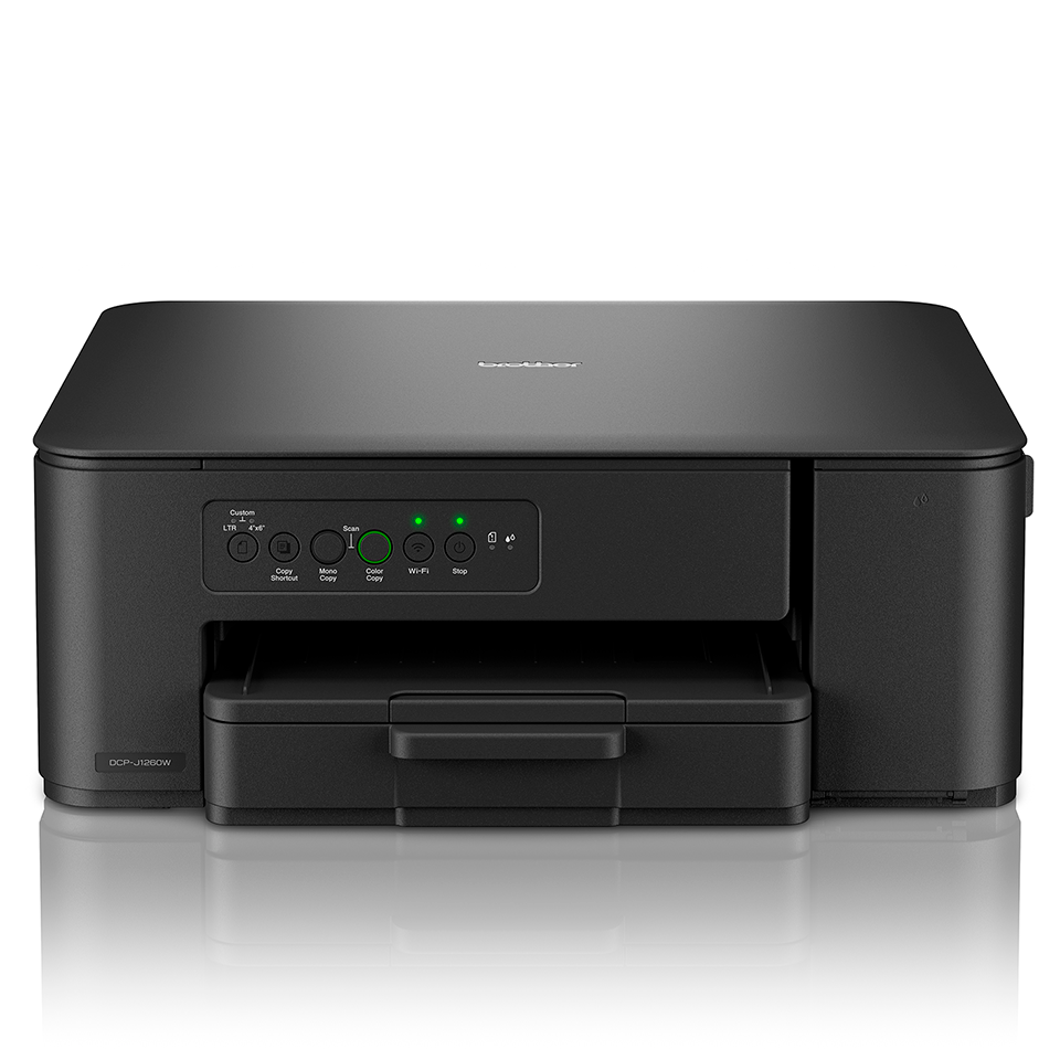 Ein schwarzer Brother DCP-J120W Drucker. Er hat ein Papierfach, ein Bedienfeld mit Tasten und grünen Kontrollleuchten und eine flache Oberseite.