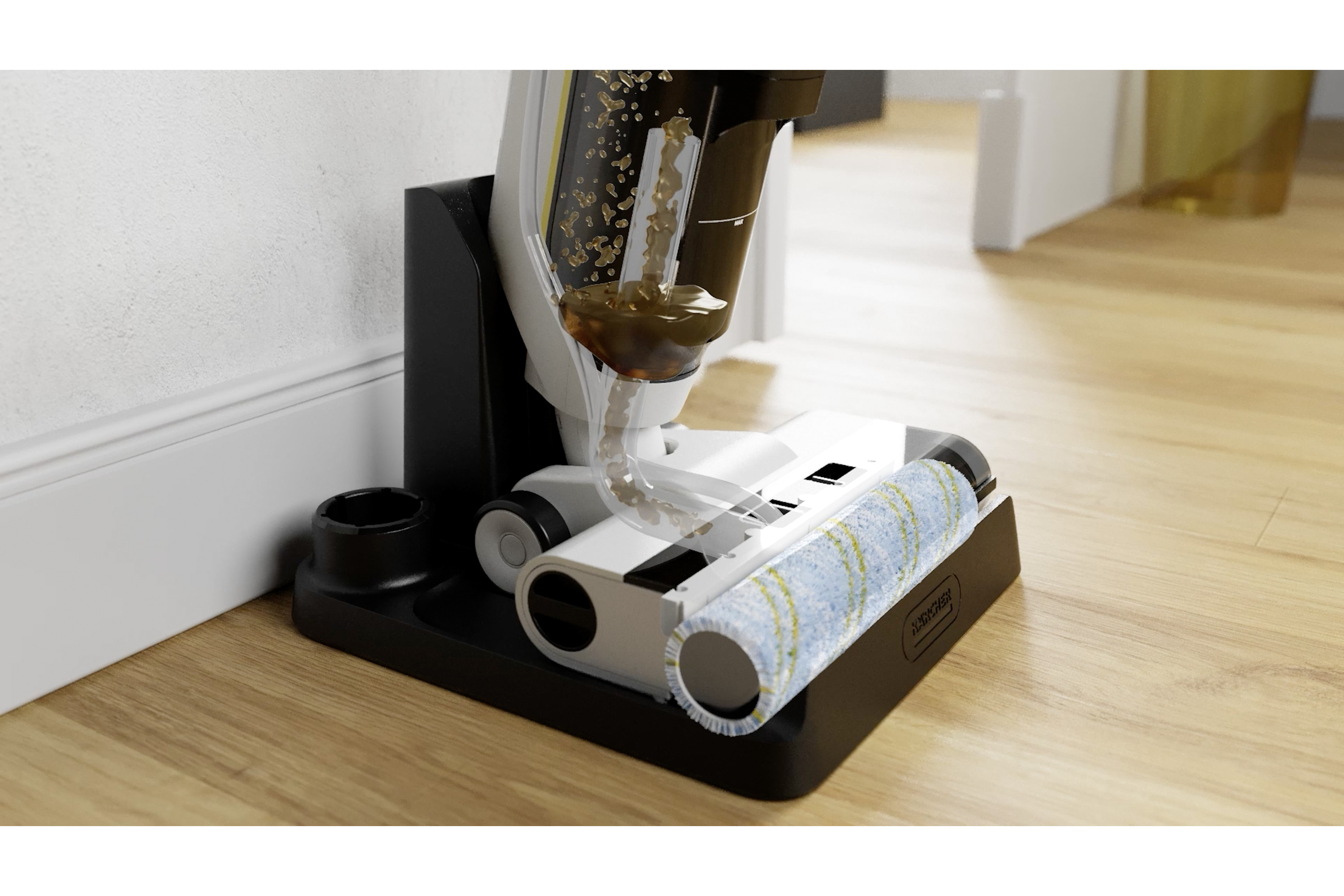 Urządzenie czyszczące stoi na drewnianej podłodze. Płynie przez nie brązowy płyn. Na dole znajduje się niebiesko-żółty wałek.