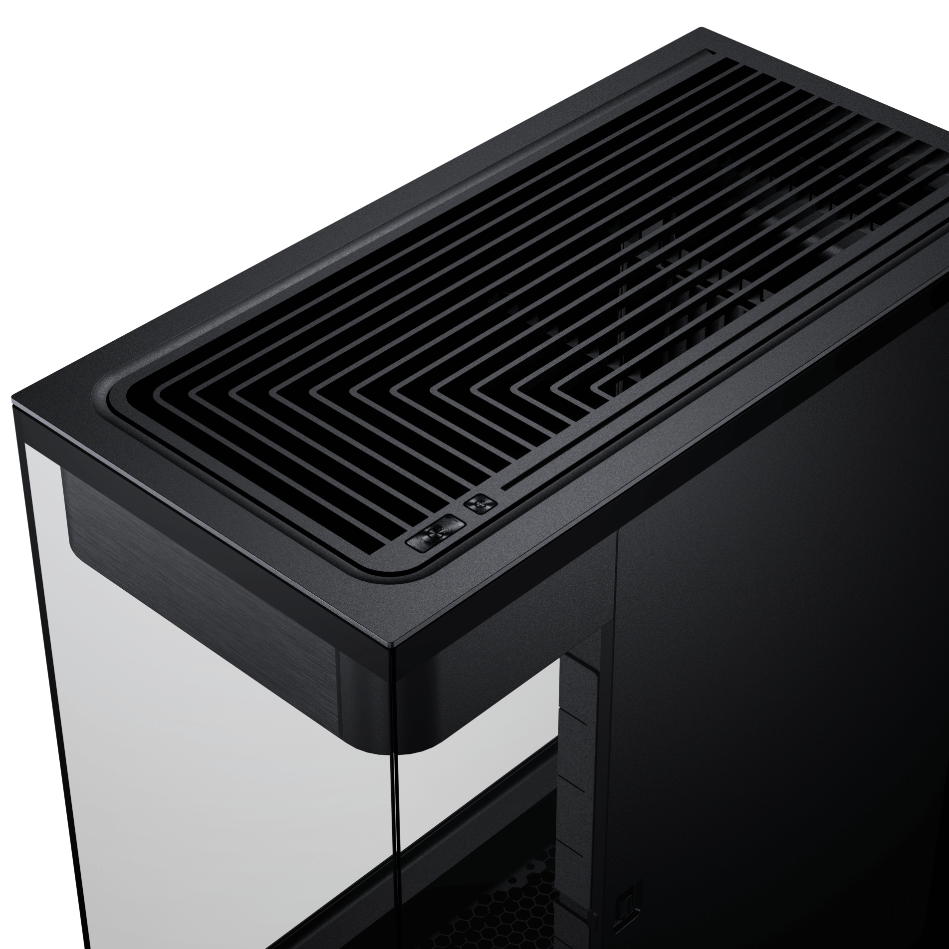 Nahaufnahme eines schwarzen Computergehäuses. Es hat oben eine Entlüftung, eine Glasseitenwand und Bedientasten.