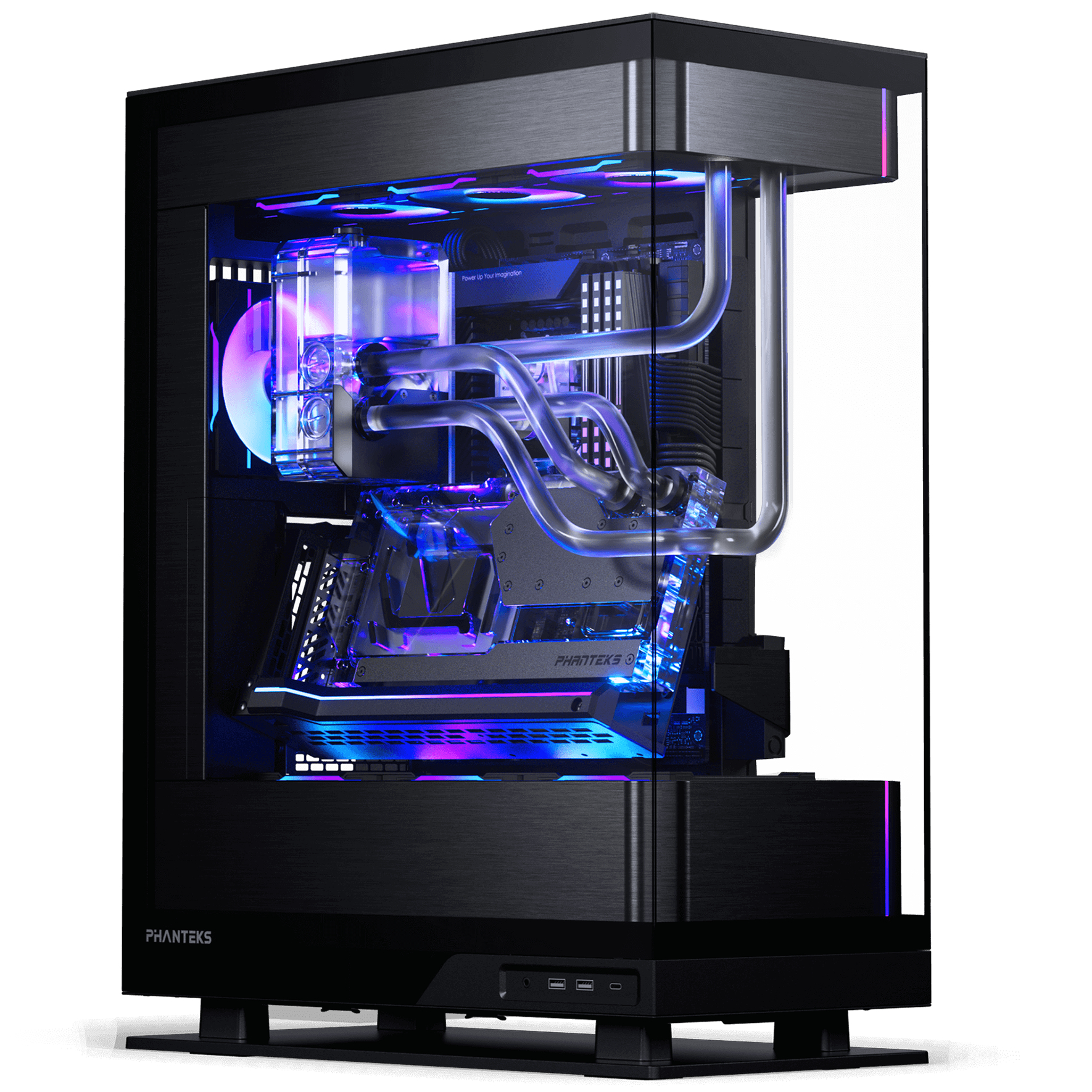 Ein schwarzes Computergehäuse mit transparenten Paneelen, das interne Komponenten und Wasserkühlung mit farbenfroher RGB-Beleuchtung zeigt.