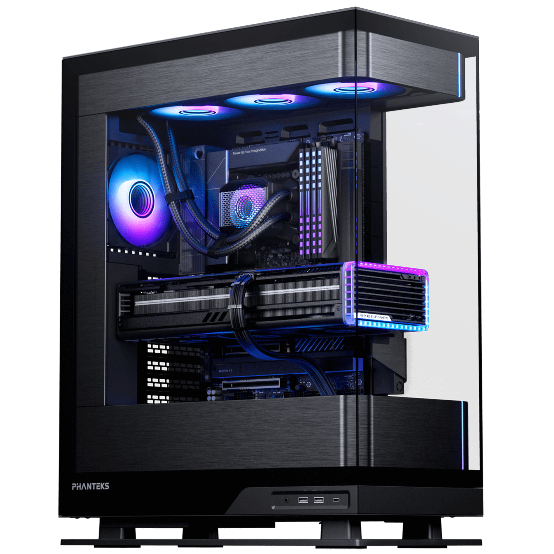 Ein schwarzer Computer-Tower mit Glas, zeigt Komponenten mit RGB-Beleuchtung. Lüfter und GPU sind sichtbar.