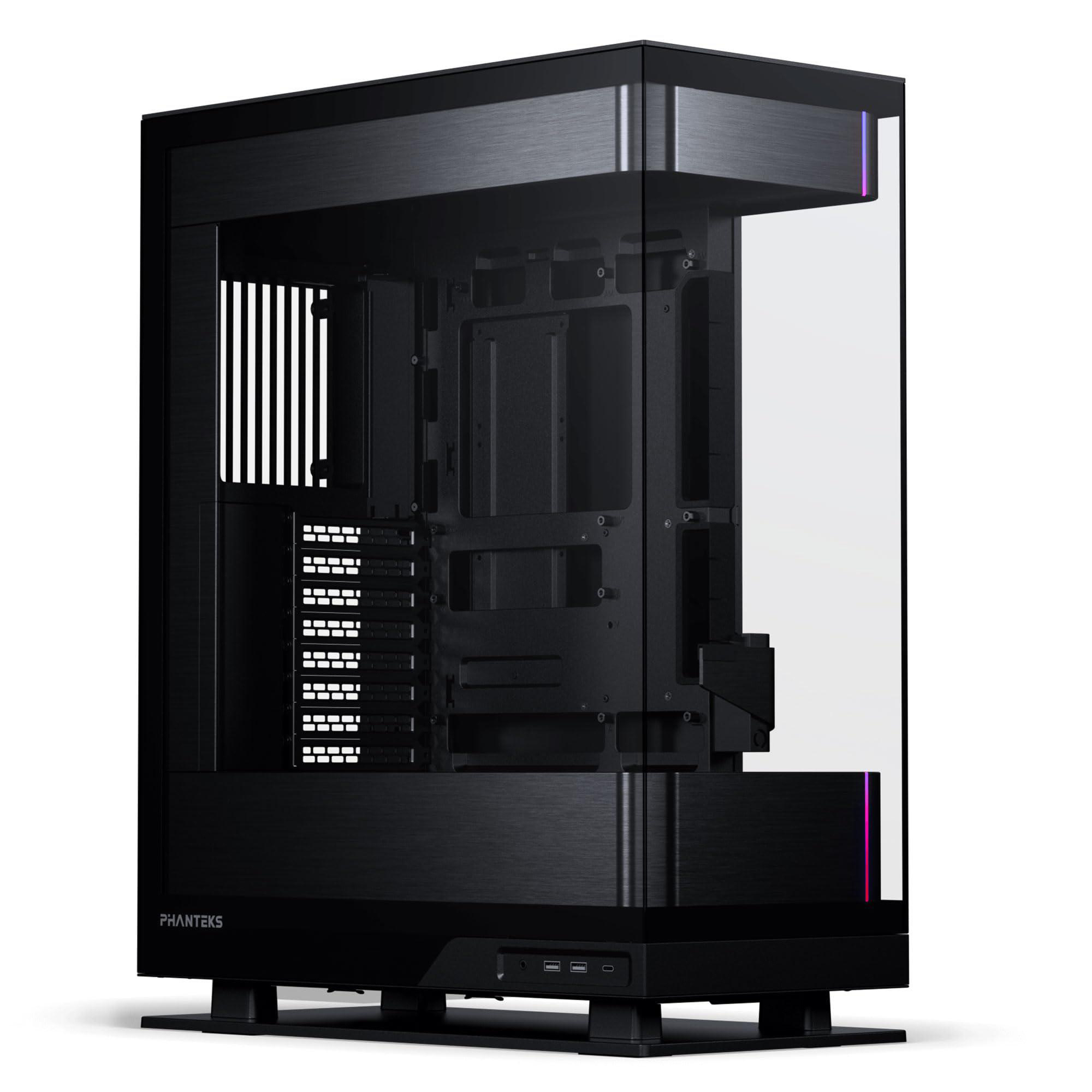 Schwarzes Computergehäuse mit Glasseitenwand. Das Gehäuse hat ein schlankes Design mit dem Phanteks-Logo auf der Vorderseite.