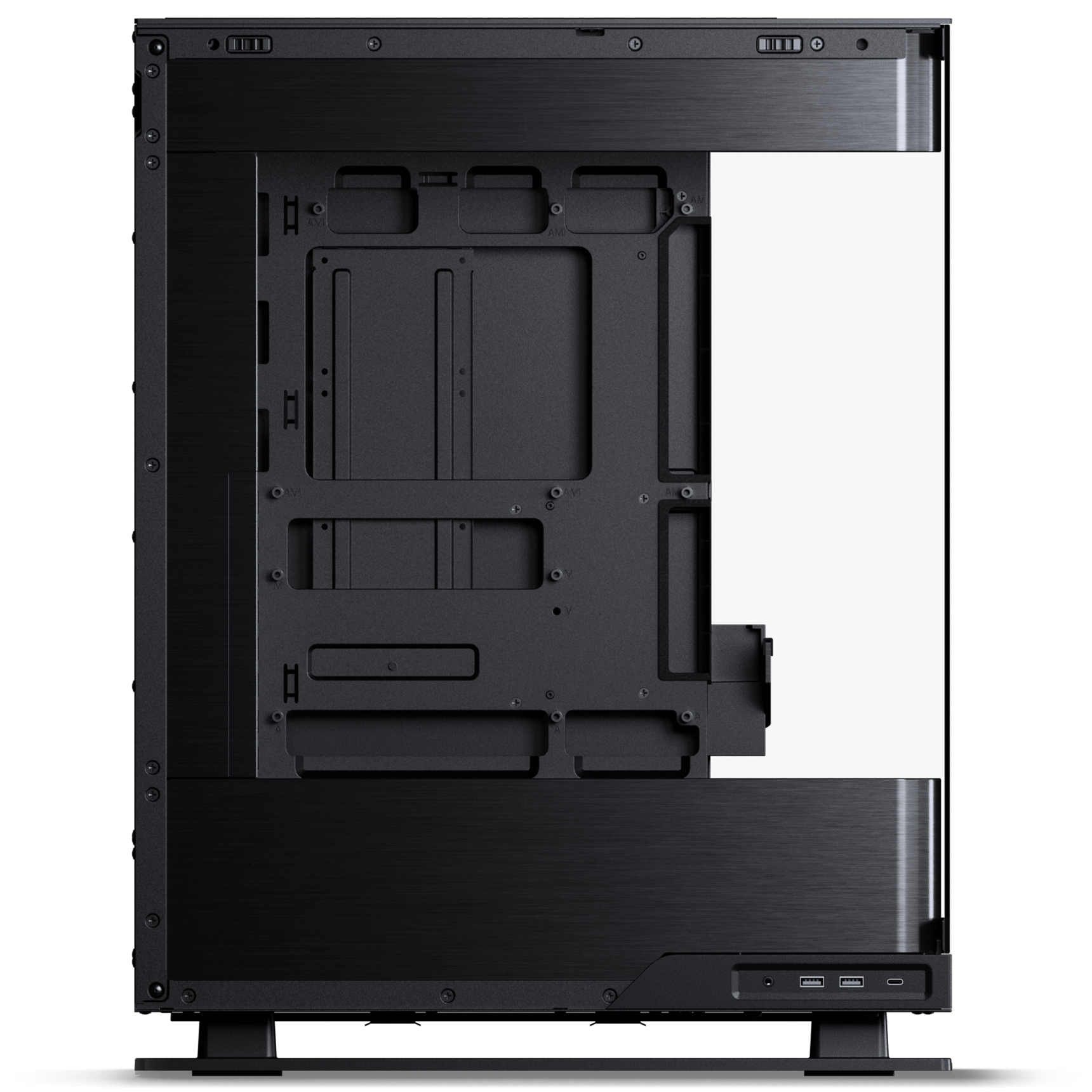 Schwarzes Computergehäuse mit sichtbarer Innenstruktur, Glas-Seitenwand und USB-Anschlüssen unten.