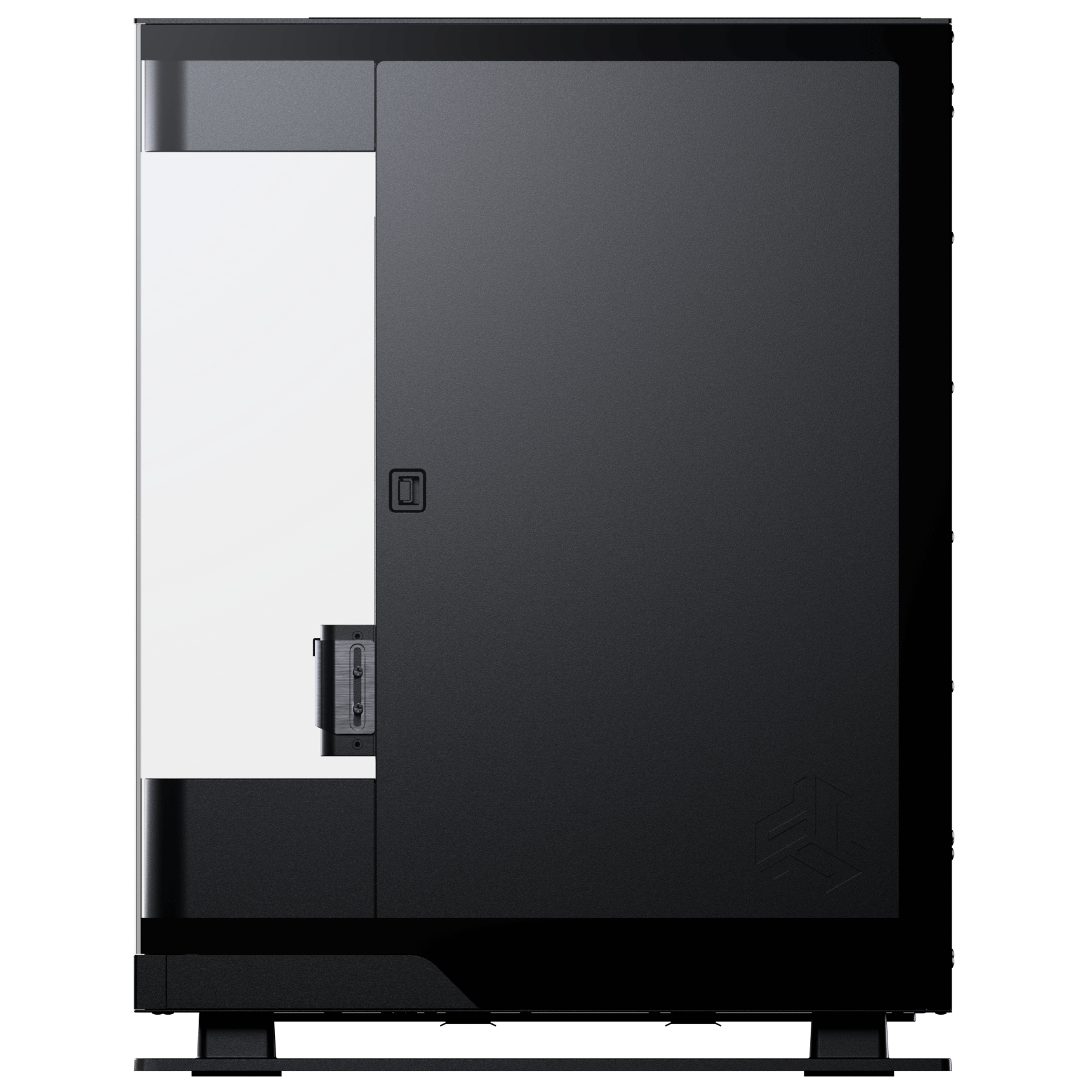 Schwarzes Computergehäuse mit Glasseitenwand. Zeigt interne Komponenten. Hat einen Griff und ein Logo.